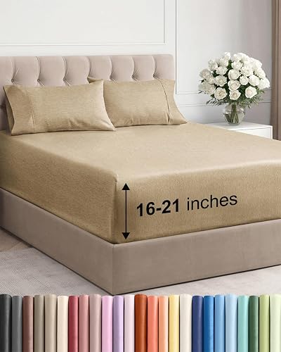Extra Deep Pocket Queen Sheet Set - Breathable & Cooling - Heathered Tan