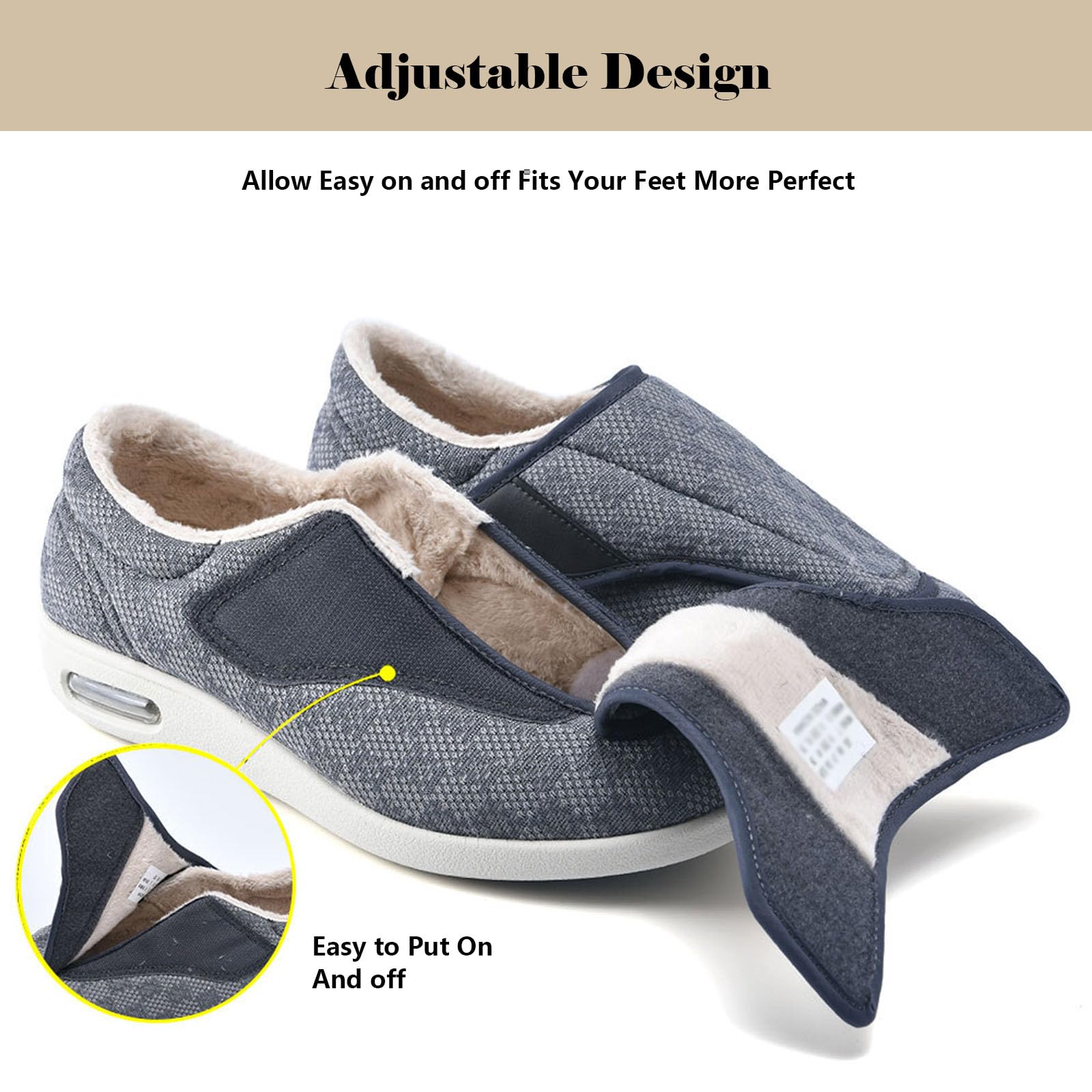 bumuam Zapatos para diabéticos para pies hinchados,Zapatos Cálidos para Diabéticos, Zapatos Ajustables para Pies Hinchados de Ancianos EU 37.5(24.5cm/9.6in)