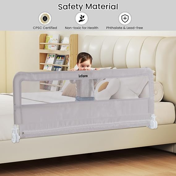 INFANS Bed Rail for Toddlers, 150 x 55 cm Extra Long Foldable Safety Bed Guard, Anti-Fall Mesh Guardrail for Convertible Crib, Queen, Full, King Mattress (Light Gray, 59'')