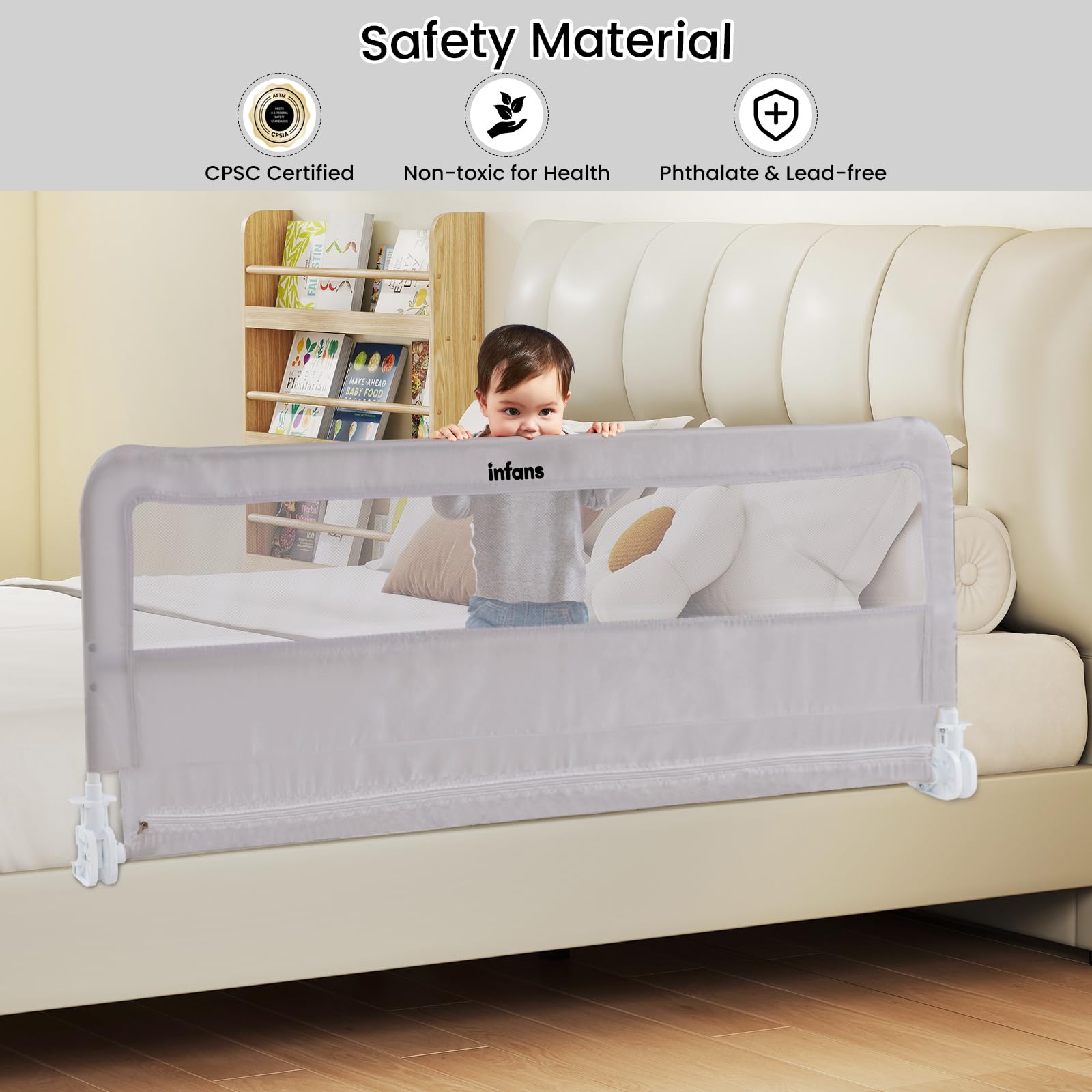 INFANS Bettgitter für Kleinkinder, 150 cm, faltbares Sicherheitsgitter für Babybett, extra lang, schwenkbar, Bettschutzgitter für Cabrio, Queen-Size-Bett, Matratzenschutz, Hellgrau