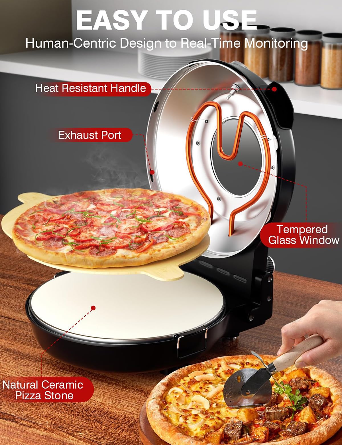 Forno Elettrico per Pizza da 1200 W, Forno per Pizza da Interno da 12 Pollici con Pietra per Pizza e teglia per griglia, termometri integrati, Timer, Finestra di visualiz,