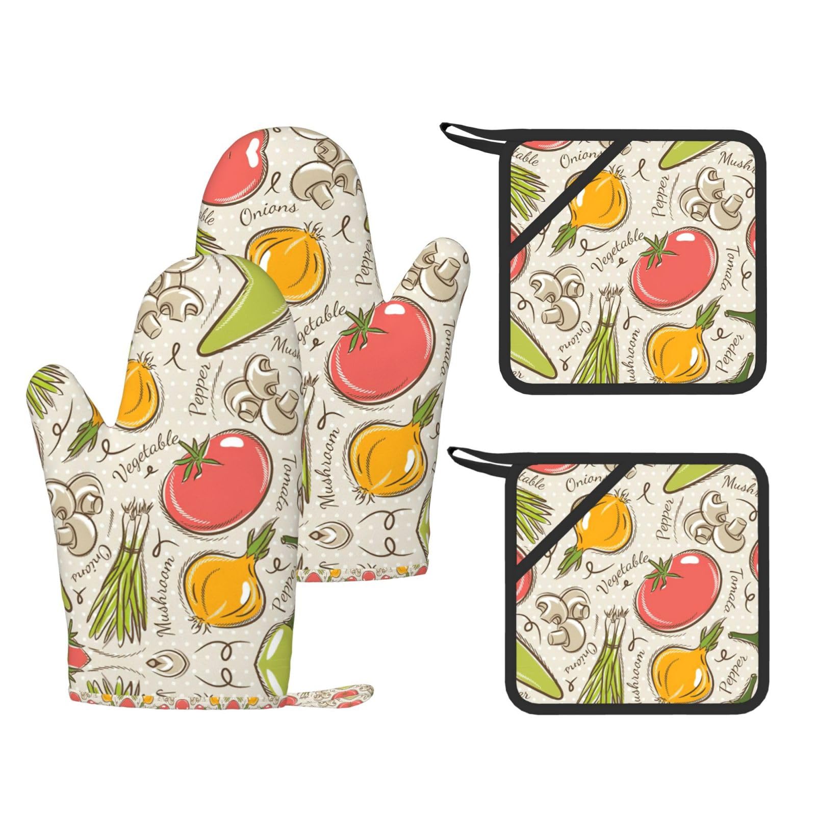Vegetable Fruit. Printed Oven Gloves and Hot Pads Set of 4, High Heat Resistant Silicone Mitts for Cooking BBQ