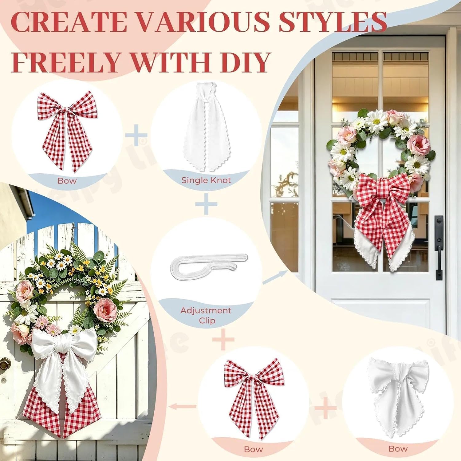 2Pcs Wreath Sash for Front Door, Layered Gingham & RIC Rac Sashes | White and Red Plaid, Detachable Sashes, Embroidery Fabric, 10 Fixing Clips, for Wedding, Christmas, Indoor Outdoor Home Decor