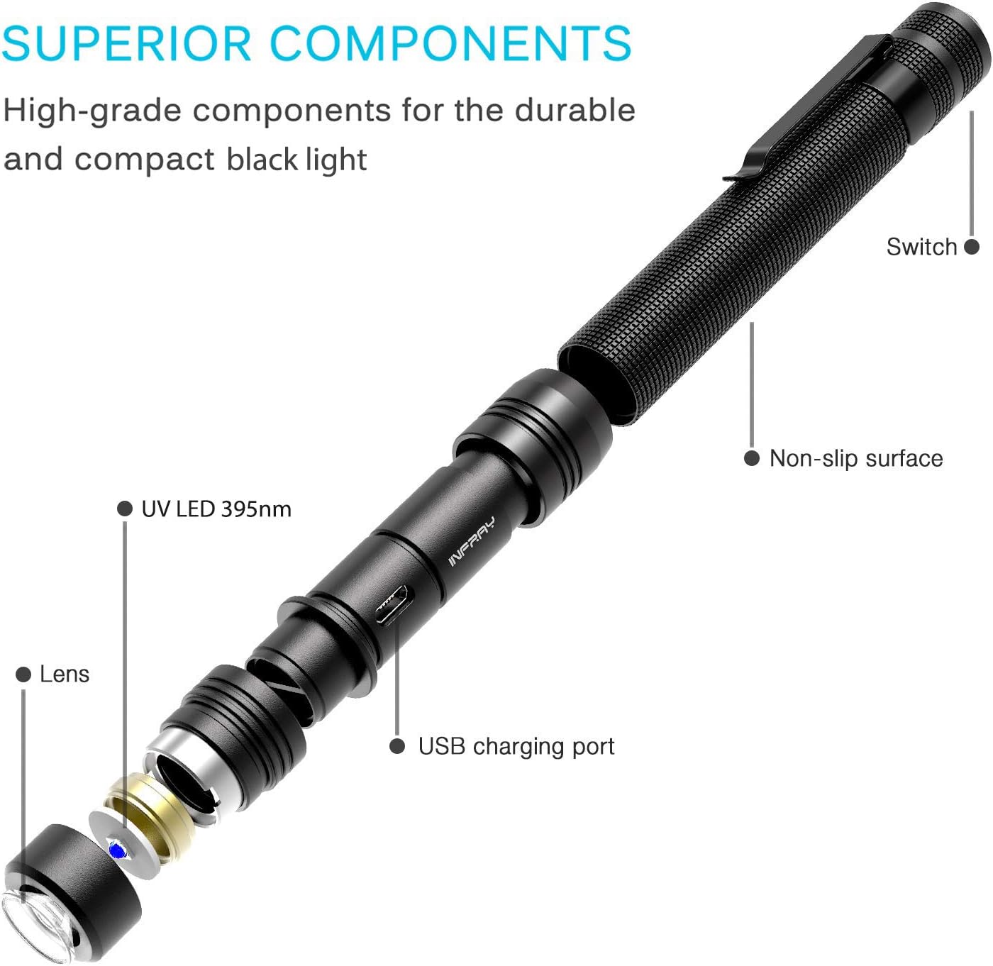 INFRAY Rechargeable Pen Flashlight Black Light, Zoomable, Small 395nm Blacklight Detector for Dog Urine and Dry Stain. IPX5 Water-Resistant, 900mAh NiMH Battery ×2 Included