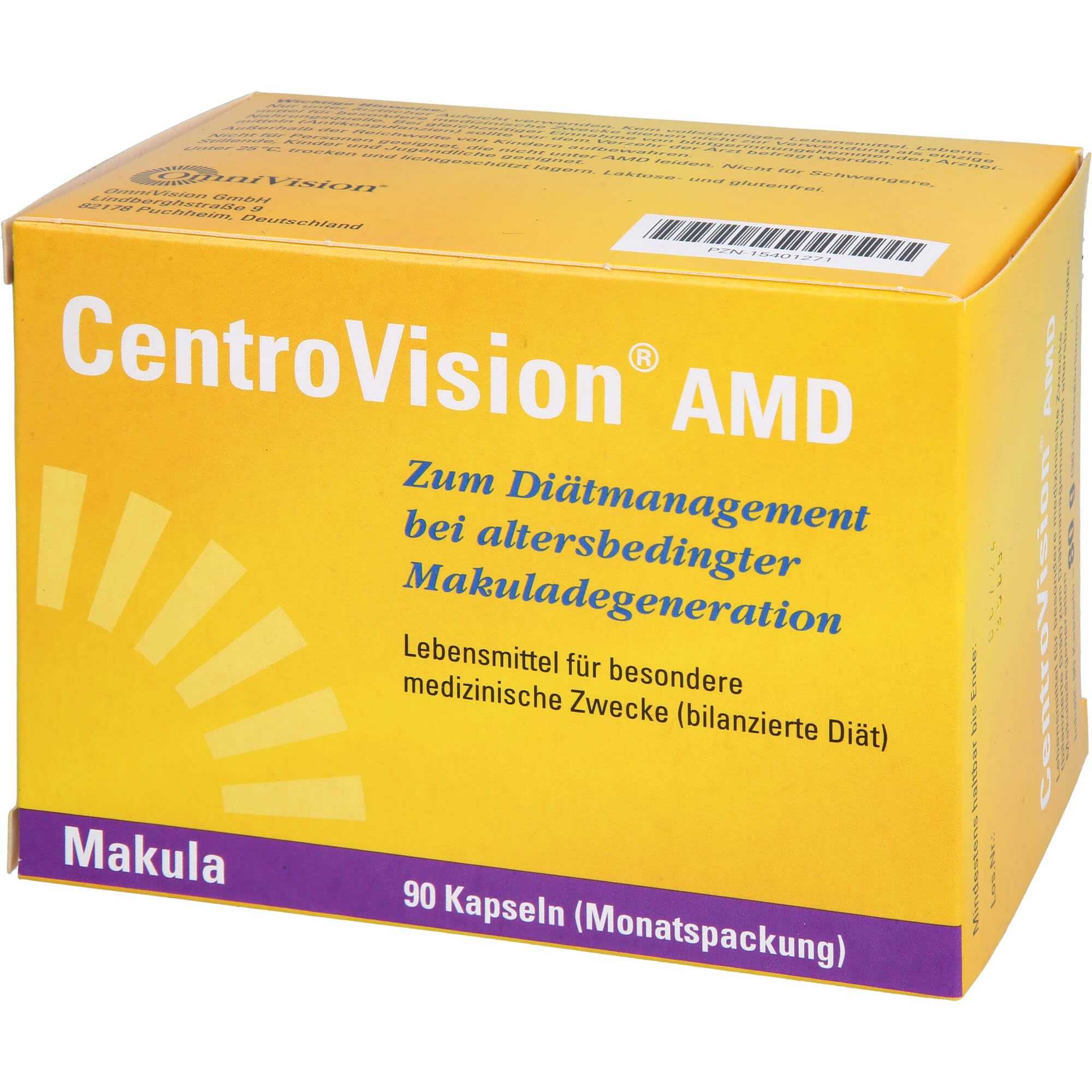 CentroVision AMD – Lebensmittel für besondere medizinische Zwecke zum Diätmanagement bei intermediärer und fortgeschrittener altersbedingter Makuladegeneration, laktose- & glutenfrei, 90 St.