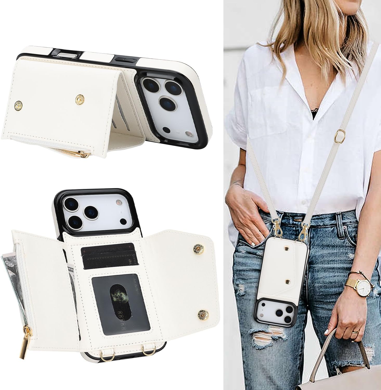 LUVI Compatible with iPhone 17 Pro Max Wallet Case with Lanyard Card Holder Crossbody Neck Strap Wrist Strap with Credit Card PU Leather Flip Purse Cover for Women White - Image 7