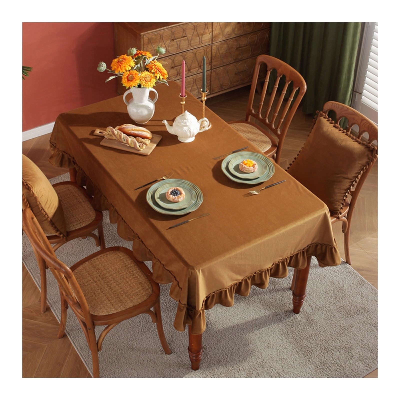 Nappe de table anti-tache marron 140x180 cm avec élégante bordure volante en velours