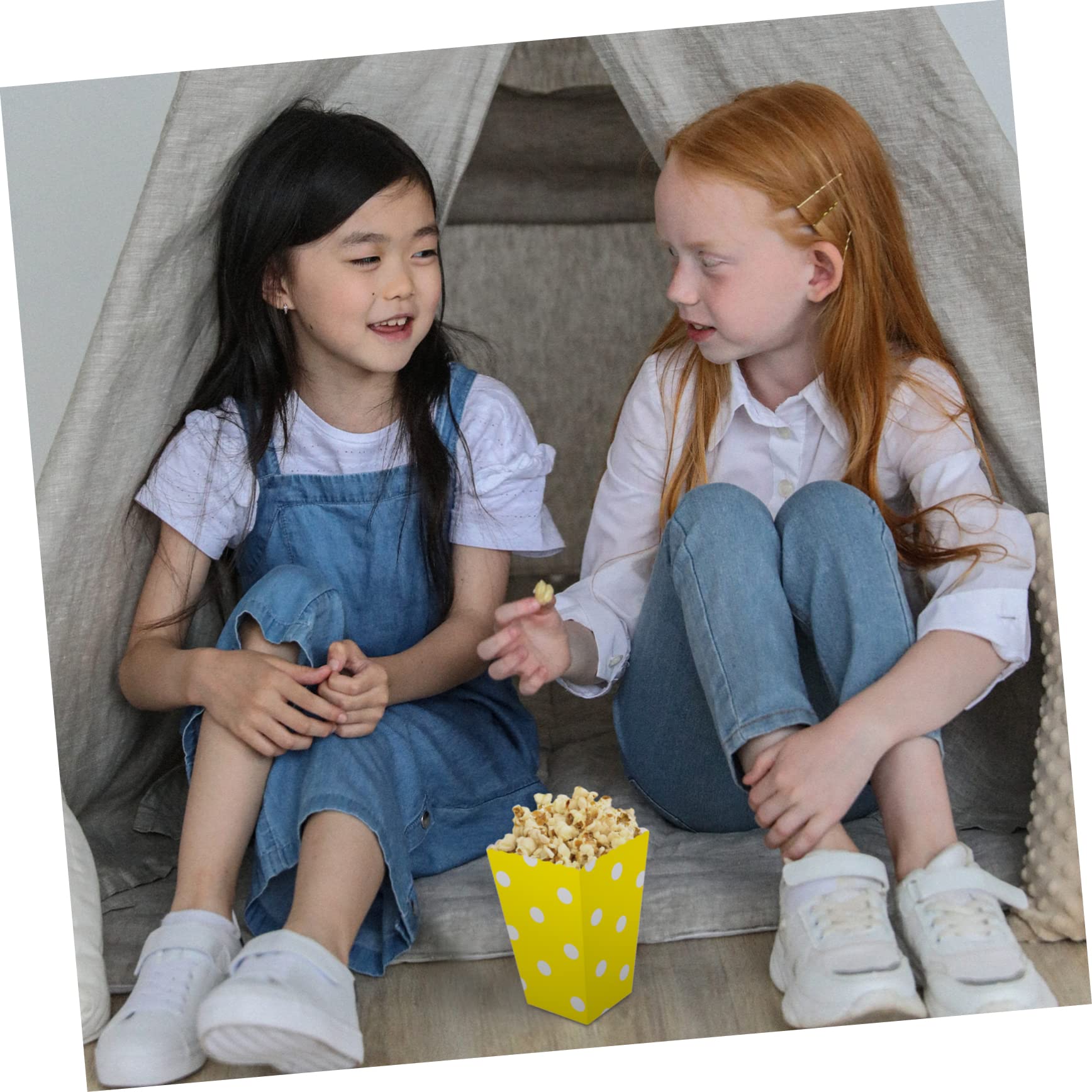 TOPPERFUN 48Pcs Paper Popcorn Boxes with Unique Prints Includes Dots Stripes and Twists for Parties French Fries and Snack Packaging