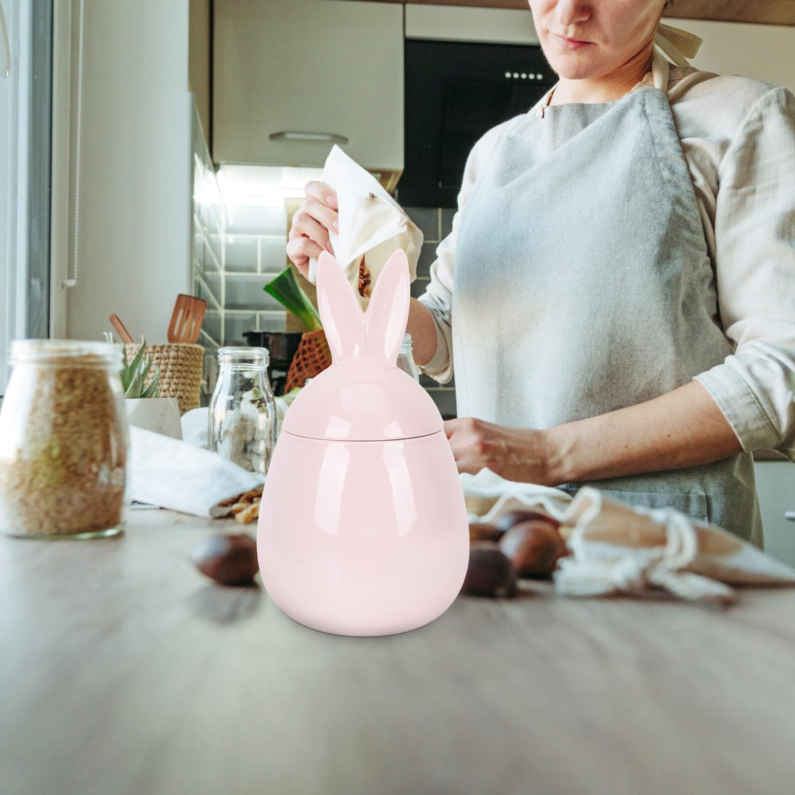 Keramikdose Rosa in Hasenform Luftdichte Vorratsdose mit Deckel Aufbewahrungsdose für Frische Lebensmittel für Nüsse und Getreide im Haushalt