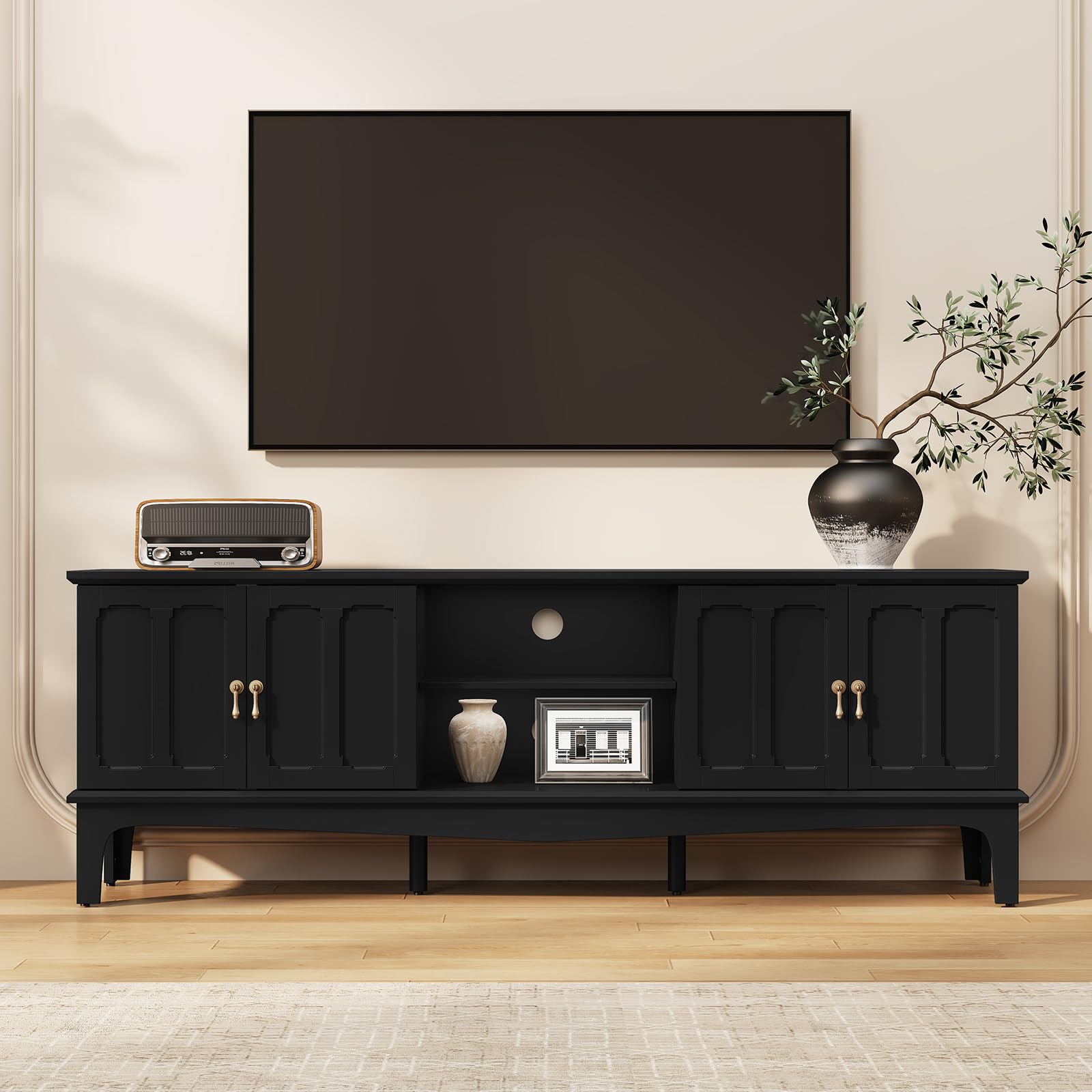 ARTPOWER 67“ Mid-Century Modern TV Stand for TVs up to 75”,Entertainment Center with Door Cabinets and Open Shelves,TV Console with Storage,Black Media Cabinet for Living Room,Bedroom
