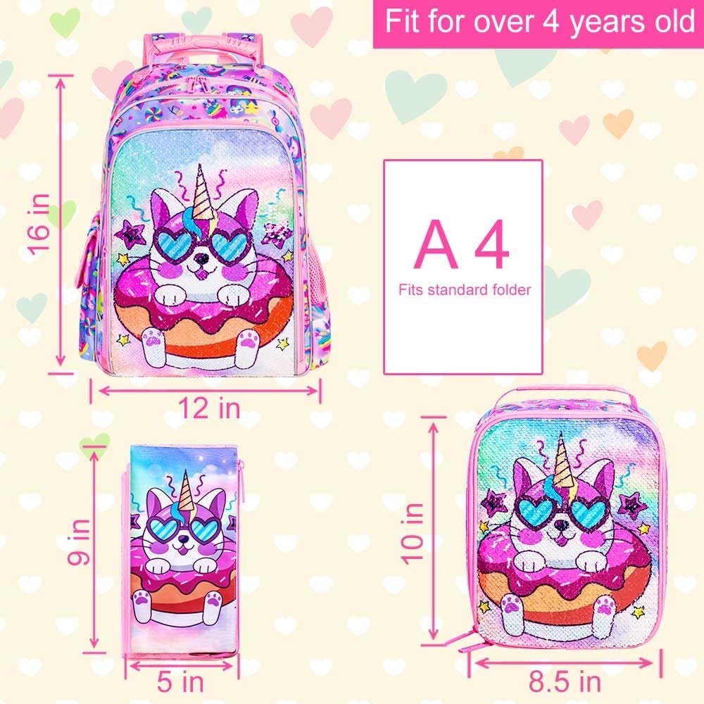 3PCS Kids Backpacks for Girls, 16" Little Kid Preschool School Bookbag and Lunch Box - Unicorn/Mermaid/Flamingo | 3PCS, Preschool School, Bookbag, and Lunch Box