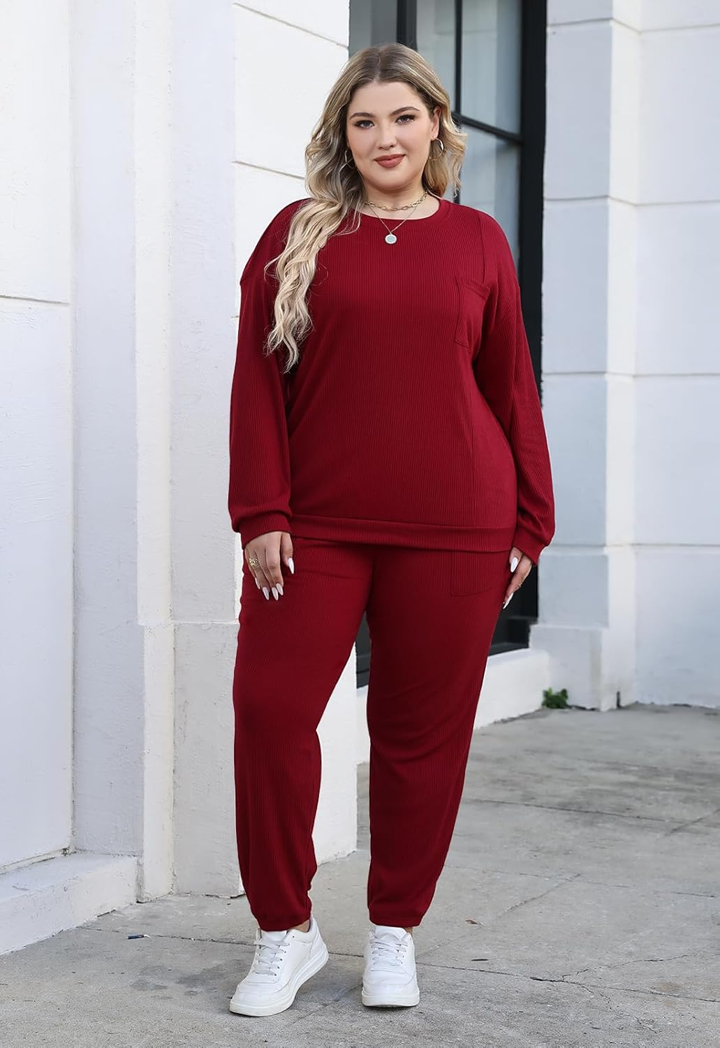 Nemidor Womens Plus Size 2 Piece Fall Matching Lounge Sets Tracksuits Casual Ribbed Knit Long Sleeve Outfits with Pocket - Image 2