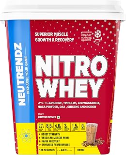 Nitro Whey Protein Powder 27g | Protein, 3g Creatine, 1.5g L-Arginine | BCAAs, Ashwagandha, DAA, Maca & Digestive Enzymes | Zero Sugar | Muscle Growth & Recovery (4kg, Coffee)