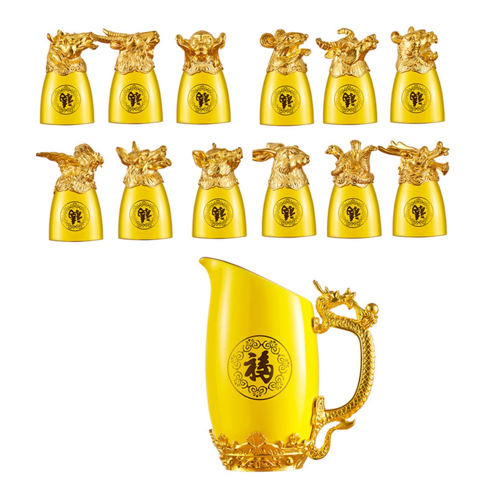 Set di Bicchieri da Vino in Ceramica Motivi dello Zodiaco Cinese, Elegante e Decorativo, Adatto per Bar e Campeggio, Caraffa Gialla