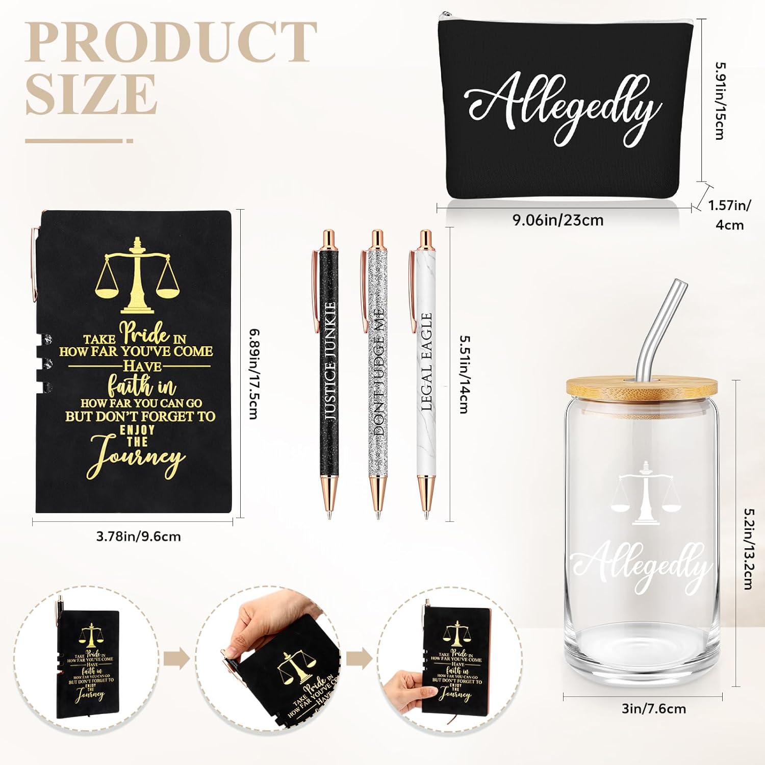 Domensi 6 Pcs Funny Lawyer Gifts Allegedly Essentials for Law School Student 16 oz Glass Cup Tumbler Makeup Bag Notepad Ballpoint for Women Valentine's Day Law Bar Study Paralegal Attorney(Black) - Image 2