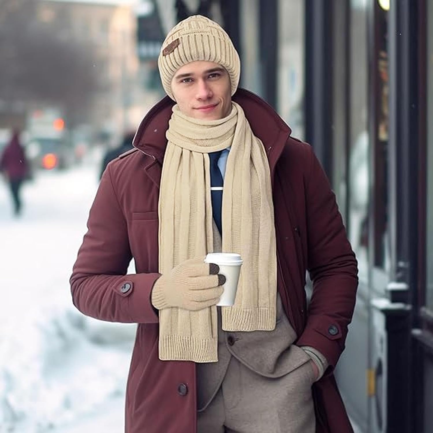 Mens Winter Hats Scarf for Men with Touchscreen Gloves Warm Long Scaves and Skull Caps Beanie Hat Gloves Set - Image 6