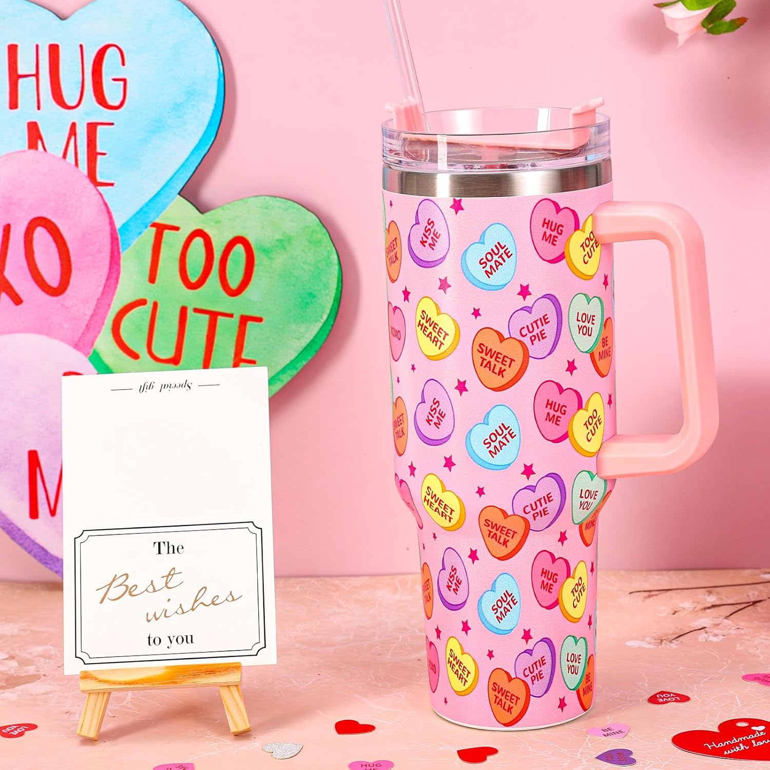 Whaline 40oz Valentine's Day Tumbler with Handle Straw and Lid Travel Tumbler Conversation Heart Coffee Cup for Women Friend Holiday Birthday Gift - Image 4