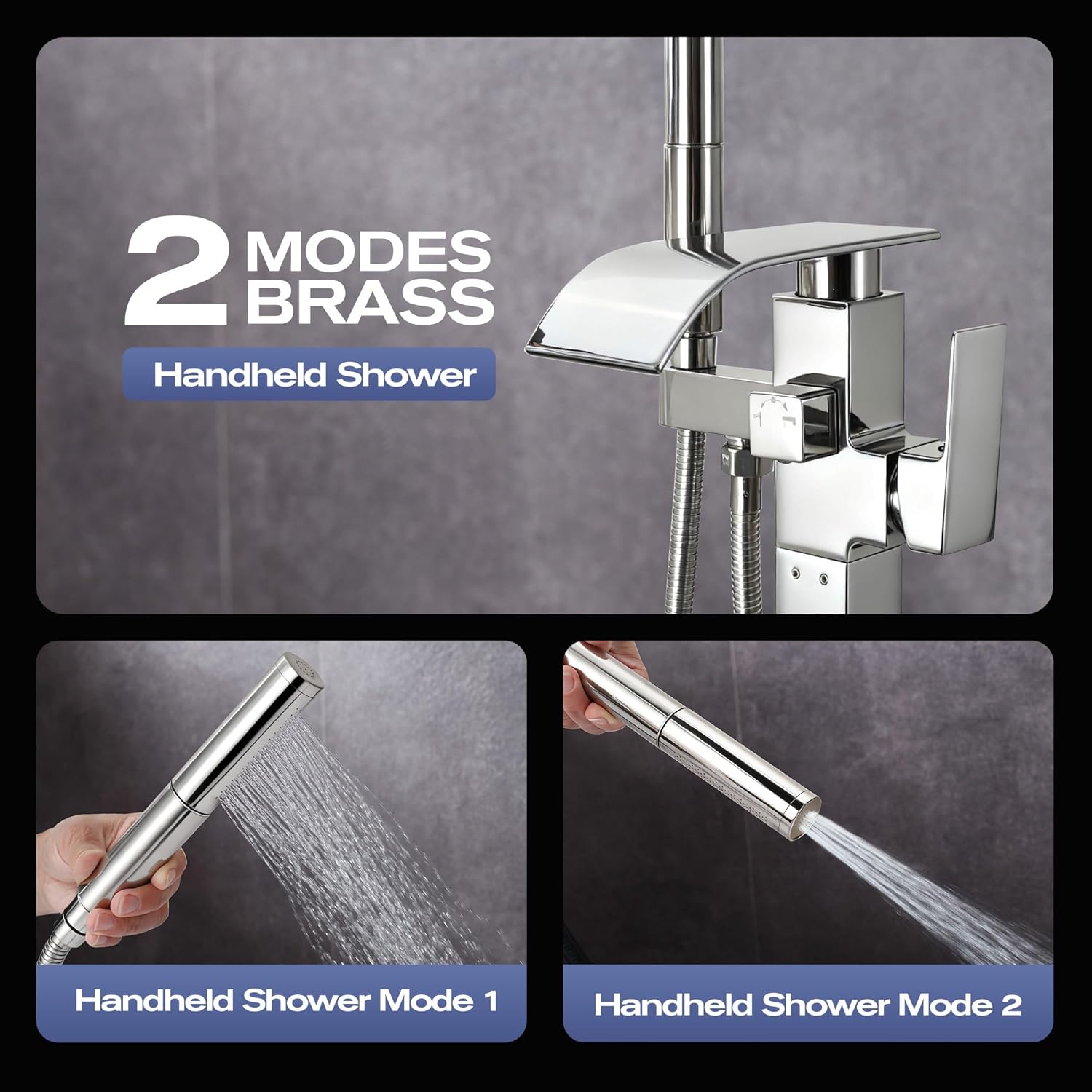 Waterfall Freestanding Bathtub Faucet, Floor Mount Bathroom Tub Filler Shower Faucets with Handheld Sprayer, Chrome