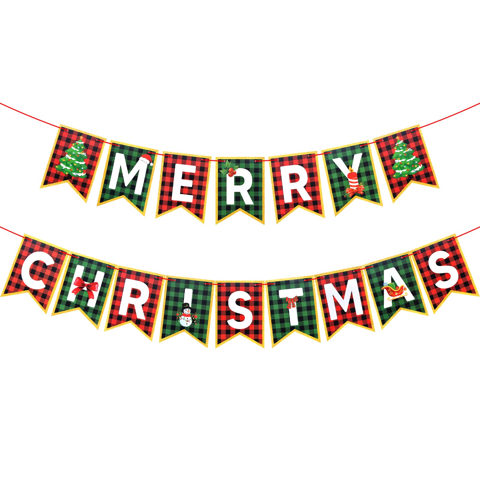 Merry Christmas Banner, Buffalo Plaid Letter Garland with Holiday Icons, Pre-Strung Red and Green Decoration for Xmas Party, Winter Wedding, and