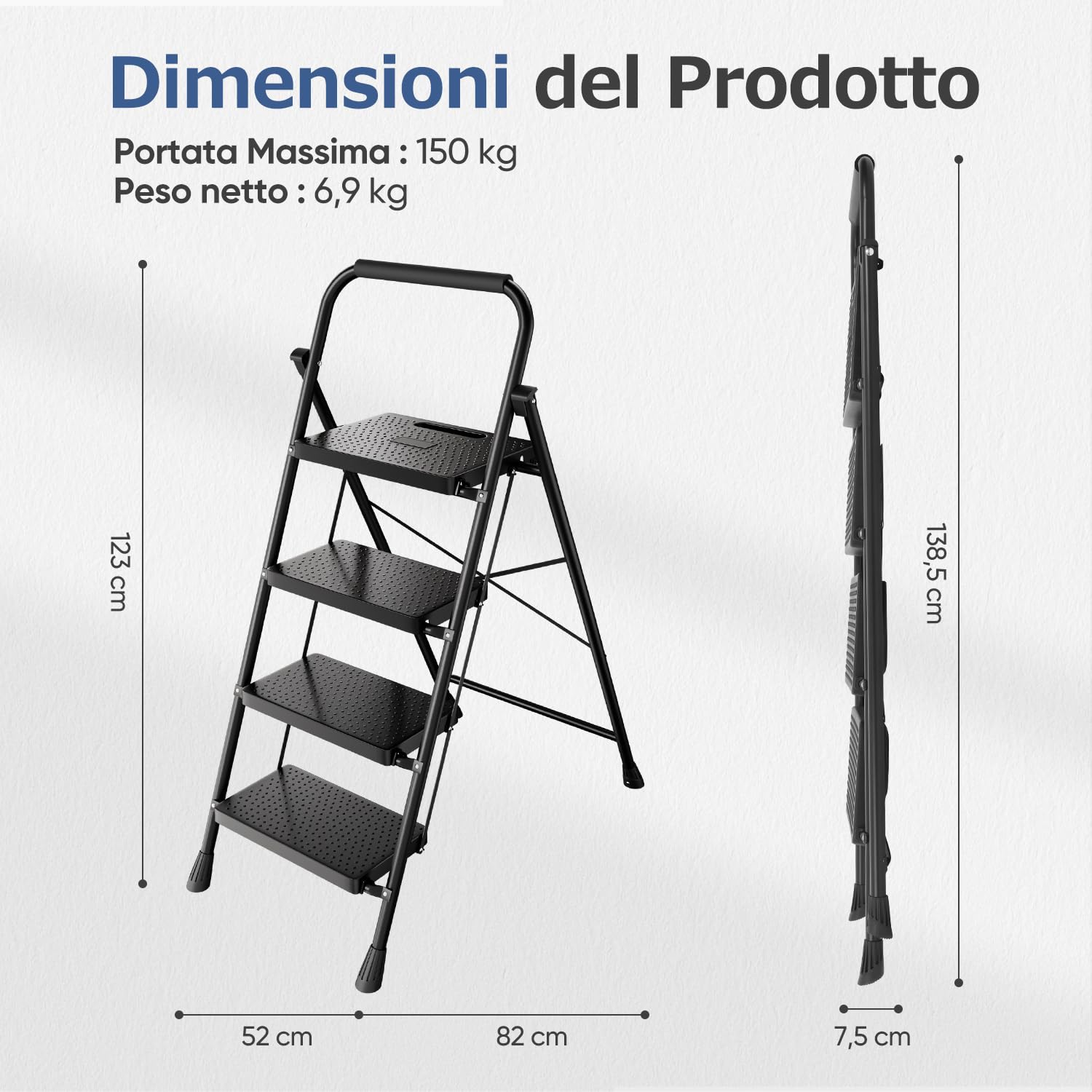 Sekey Scaletta Pieghevole 4 Gradini, Alto Scala Domestica con Telaio in Acciaio, Gradini di Plastico Antiscivoli, Pieghevole per Casa, TÜV & SGS, EN 131-2 & 14183, Capacità di Portata 150 Kg, Nero