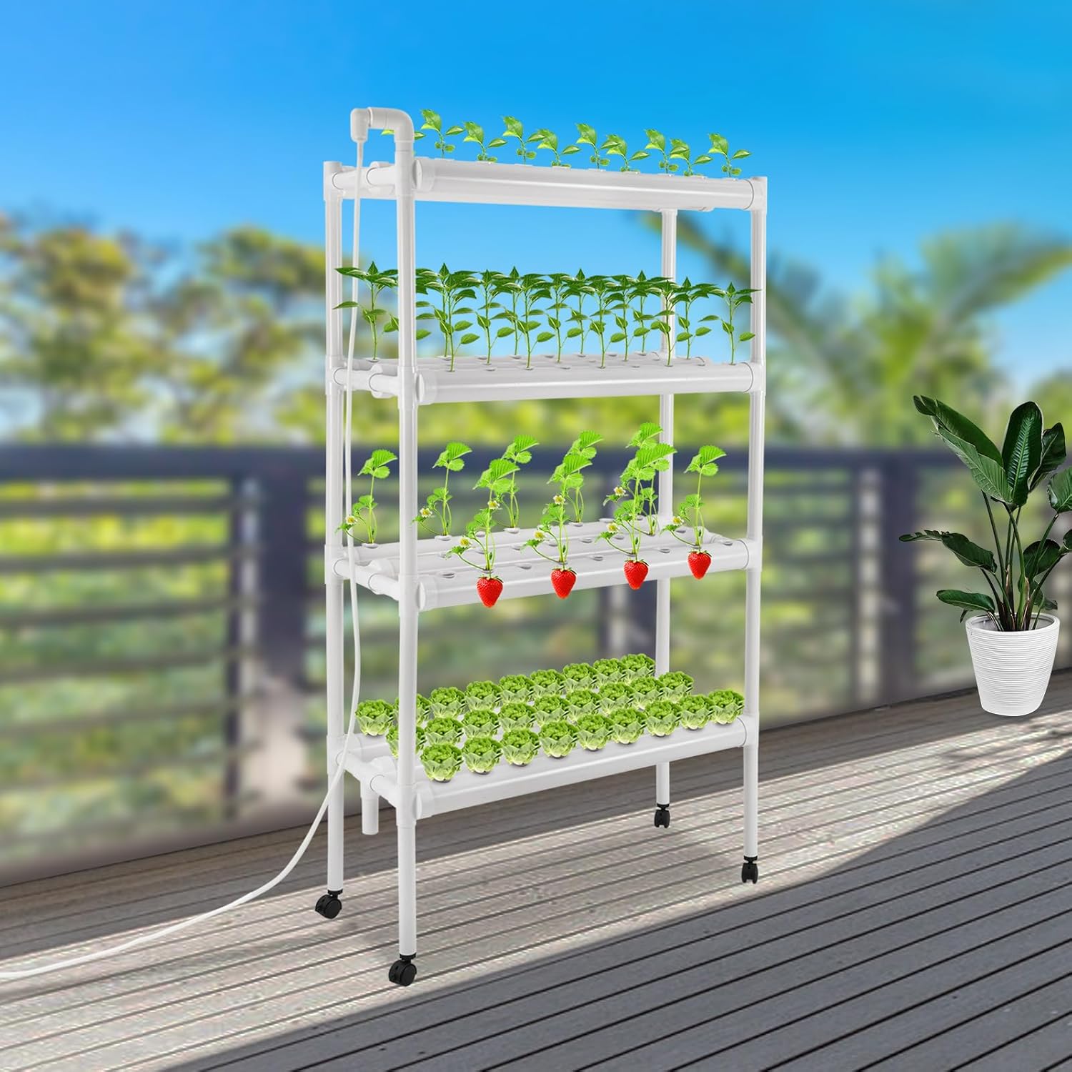 4-Tier Hydroponic Grow Kit with 108 Planting Holes and Wheels, Hydroponic Planting Equipment Indoor and Outdoor Plant Growing System with Grow Baskets, for Home, Garden, Office