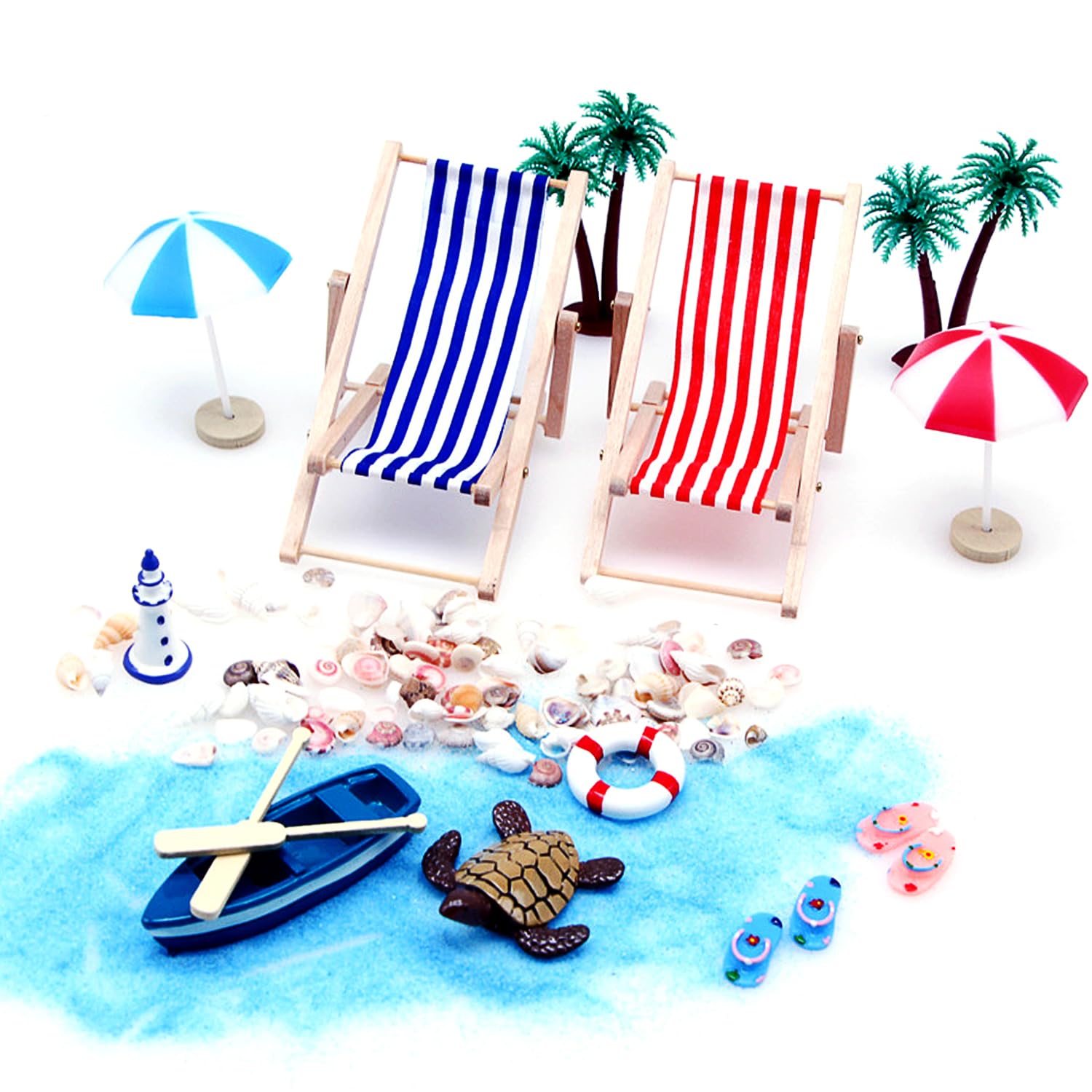Garneck 10-Piece Miniature Beach Chair Set - 1:12 Scale Tiny PVC Furniture For Dollhouse, Succulent & Ocean Scenes