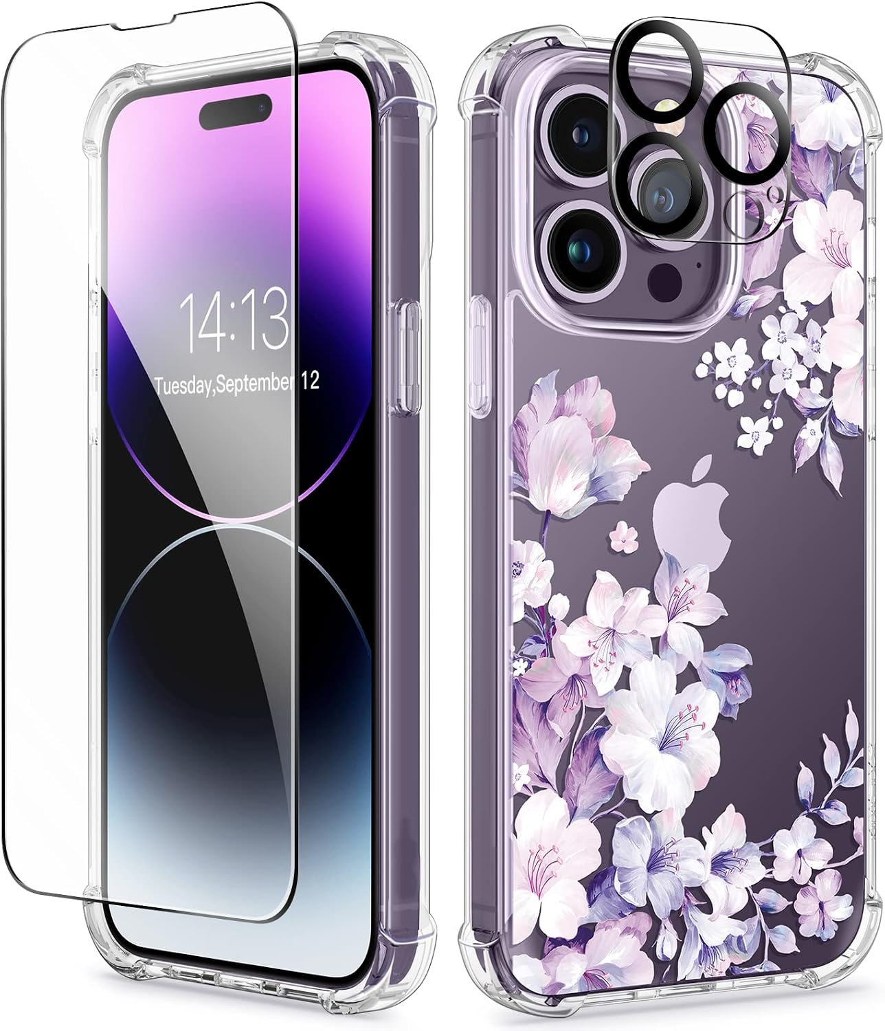 GVIEWIN for iPhone 14 Pro Case with Screen Protector & Camera Lens Protector, Floral Slim Shockproof Protective Hard PC+TPU Bumper Flower Women Cover, 6.1" 2022(Foliolosa/Purple)