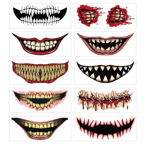 Tatuajes temporales de Halloween  Calcomanías de boca de terror, tatuajes falsos de boca sangrienta de payaso  10 hojas de calcomanías de maquillaje