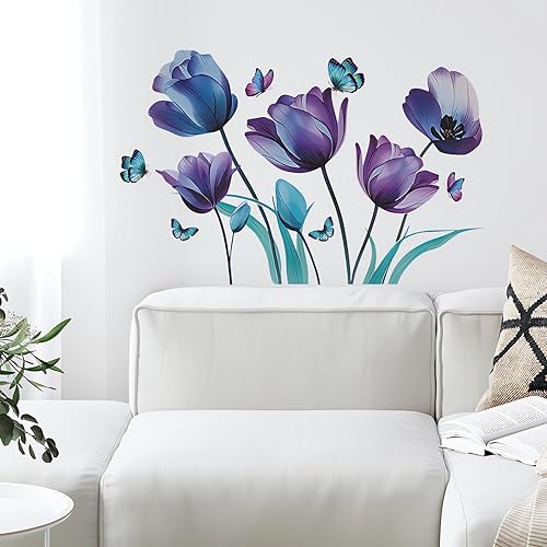 Miniatura 3 de Calcomanías de pared de mariposa con tinta azul y morado, diseño floral de sacinora para bricolaje, vinilo extraíble para despegar y pegar para sala
