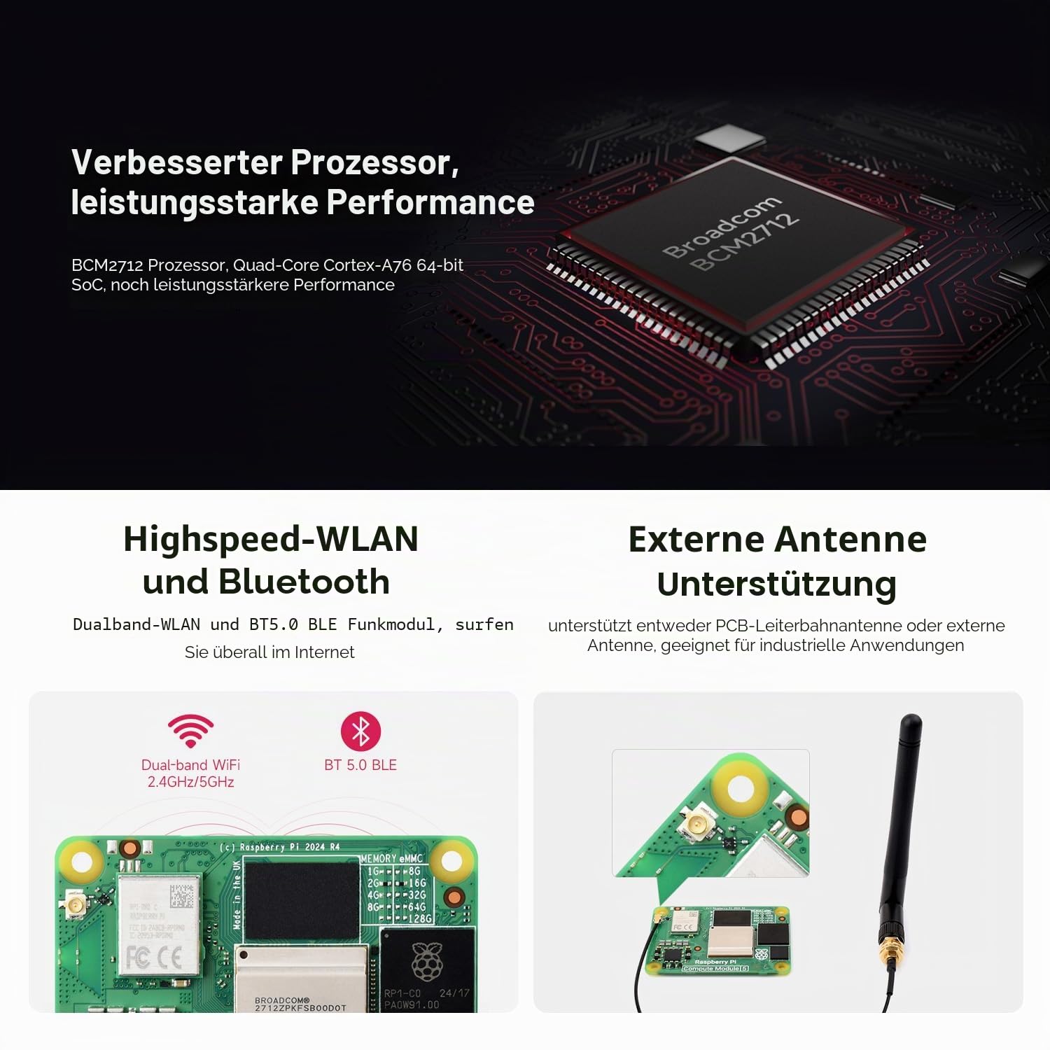 Waveshare CM5 Pi Compute Module 5，Comes with an Official Raspberry Pi CM5102032 (with Wireless, 2GB RAM, 32GB eMMC Flash), an Antenna Kit and a HEATSINK