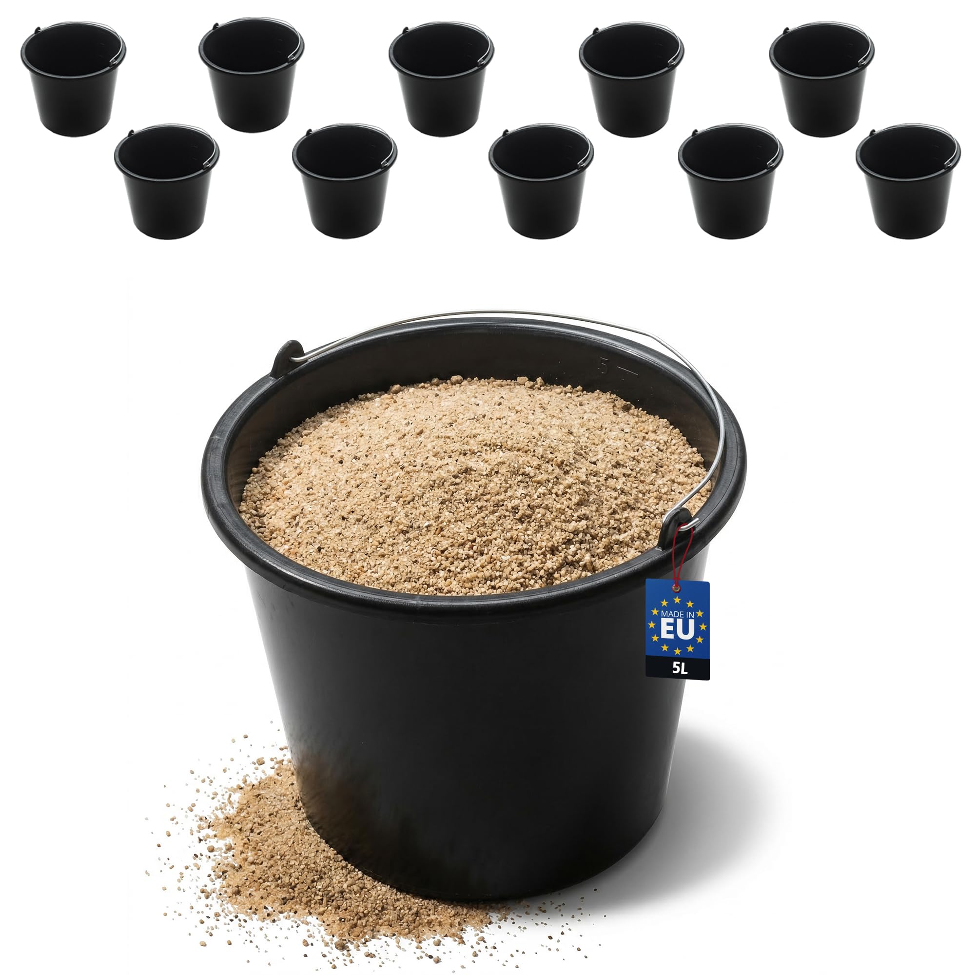 Lot de 10 seaux à mortier Robustes de 5 l en polyéthylène Basse densité recyclé avec Arceau en métal et échelle intérieure - Seau à béton, Ciment, Nettoyage et Seau à Eau pour Chantier, Jardin