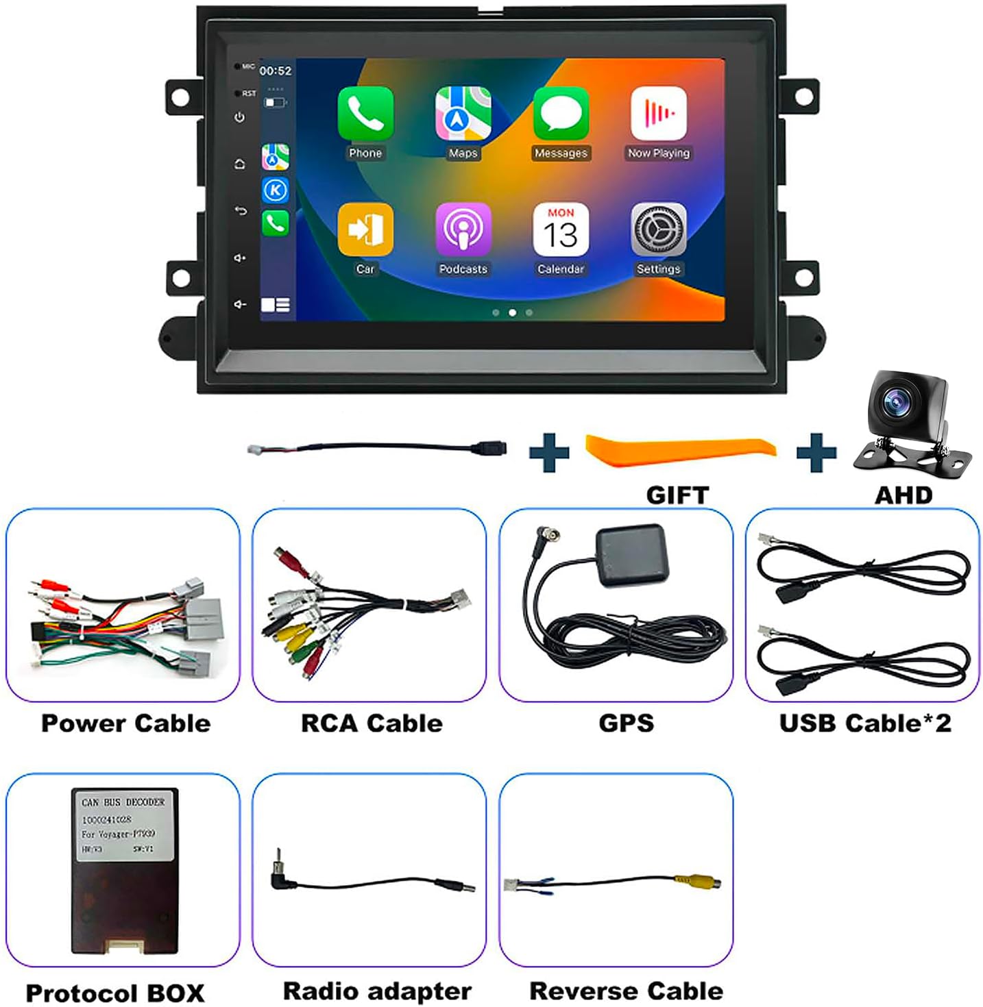 All included components of the iCarSEPTON car radio package laid out, including the main unit, power cable, RCA cable, GPS antenna, USB cables, protocol box, radio adapter, and reverse camera.