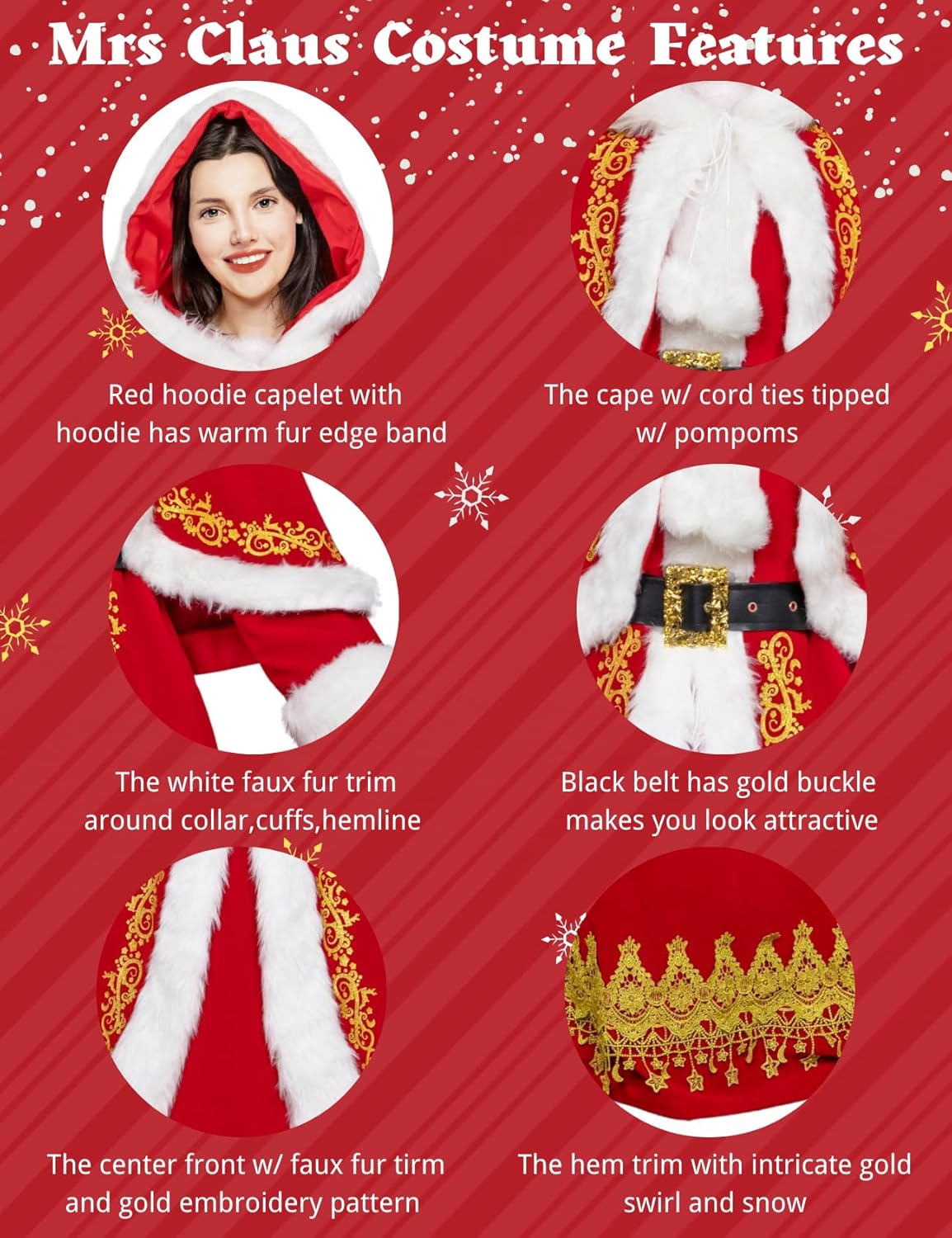 Mrs. Santa Claus Costume for Women 3PCS Adult Santa Dress Suit Christmas Cosplay Xmas Party Outfit with Hooded Cape - Image 5