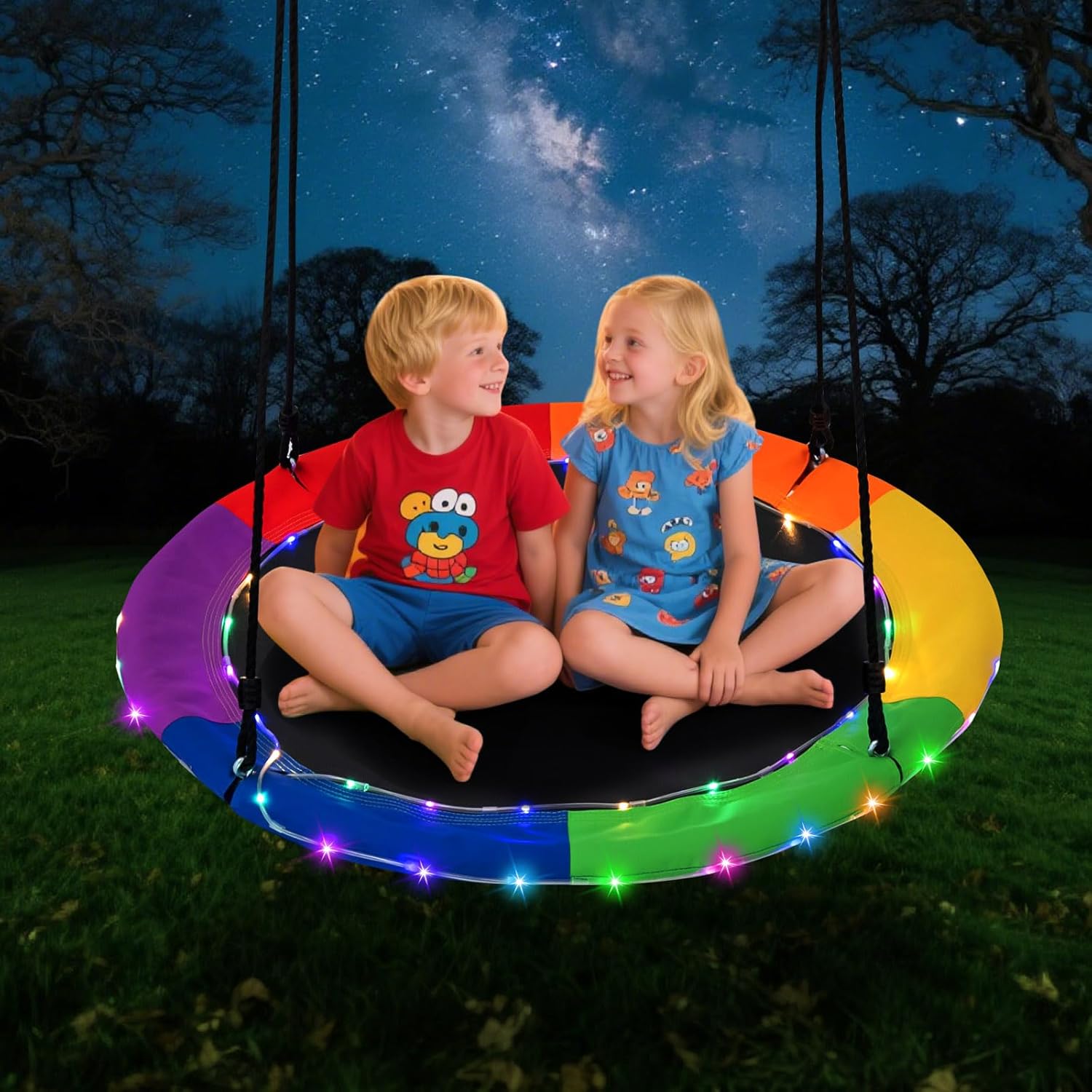 Costzon 40” Tree Swing with LED Lights for Kids Adults, Indoor Outdoor Flying Saucer Swing with Adjustable Multi-Strand Hanging Ropes for Tree, Backyard, Playground (Colorful)