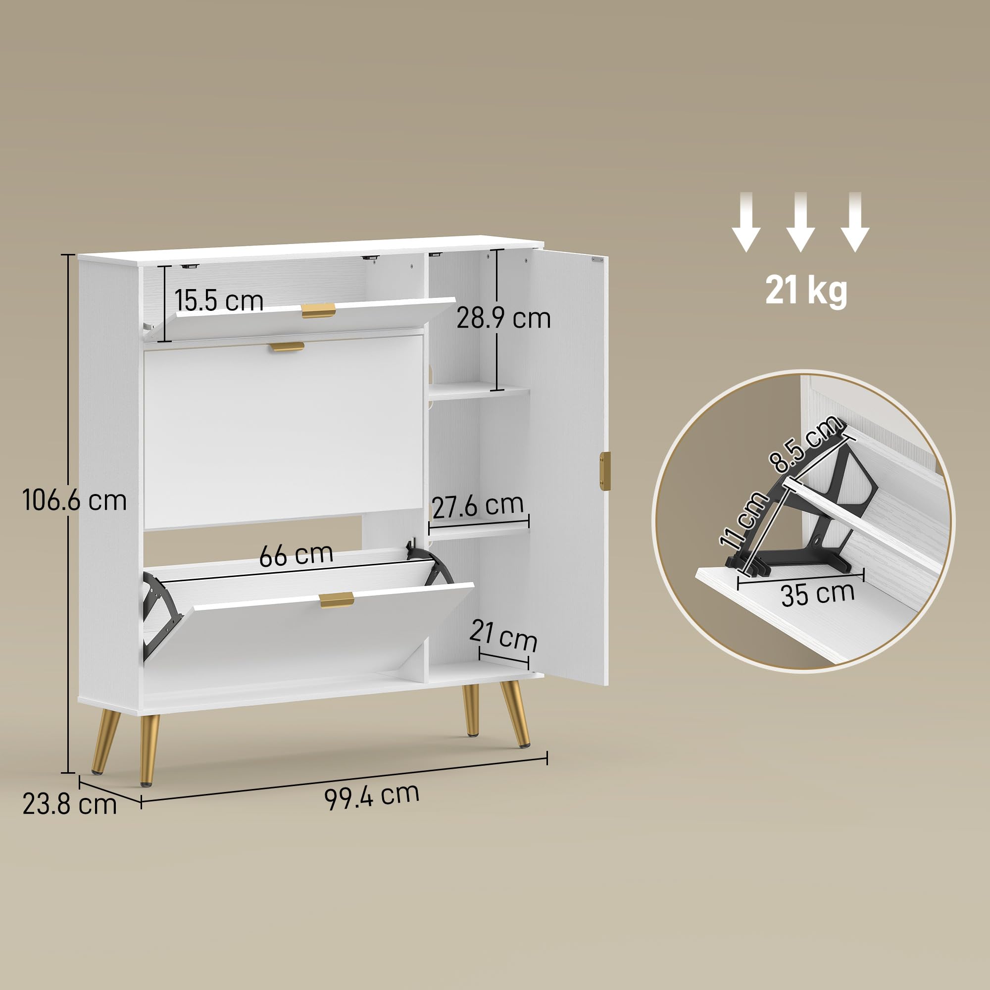 HOMCOM Scarpiera Salvaspazio Slim con Ante a Ribalta Effetto Pelle e Armadietto, Scarpiera Ingresso con Ripiani Regolabili, Base Rialzata, Porta Scarpe per 12 Paia con Maniglia, Bianco