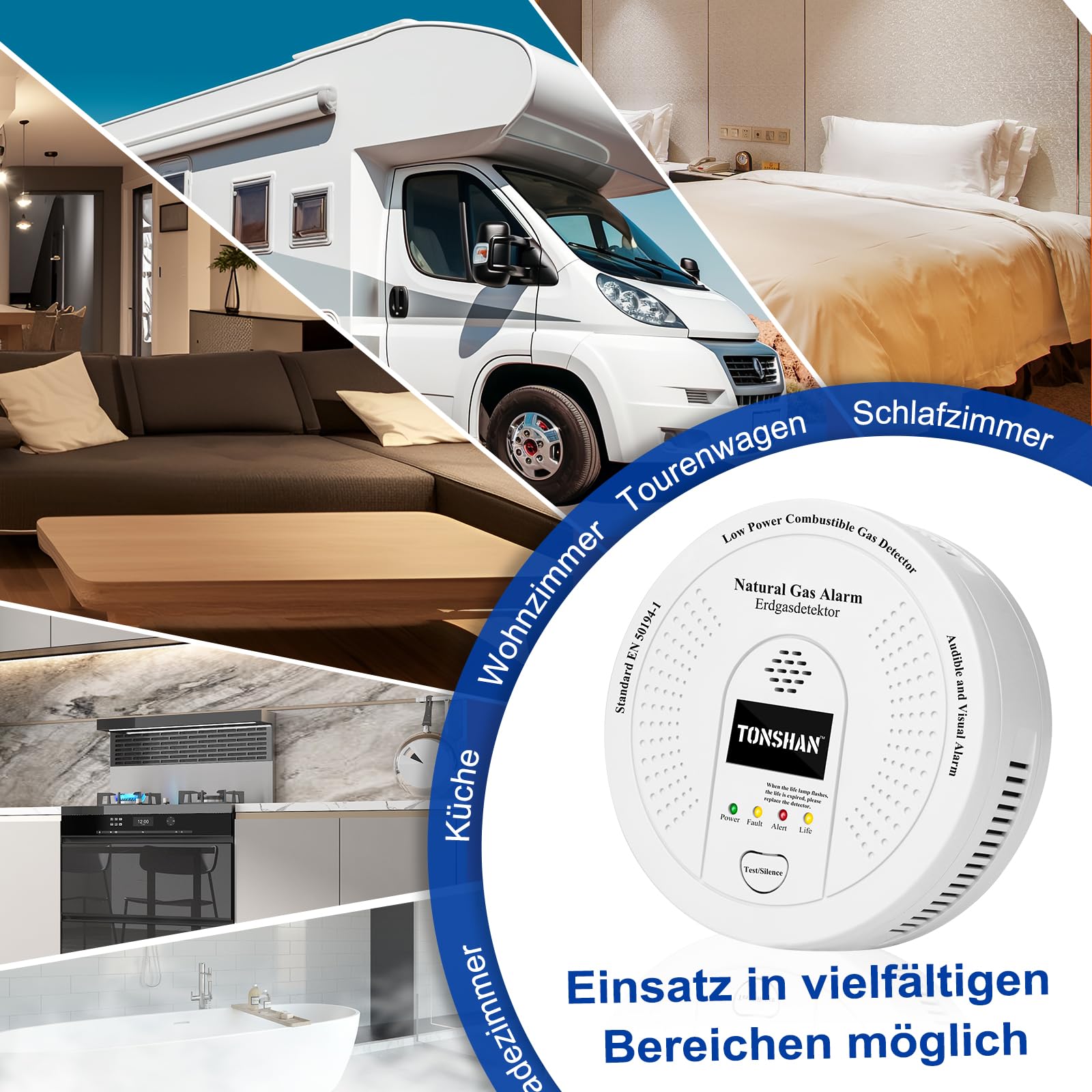 Gasmelder Erdgasdetektor CH4/Propan/Methan 100% Batteriebetrieben - Kombinierter Gasalarm mit Optischem & Akustischem Alarm - Gassensor für Sicherheit in Haushalt (Batterie enthalten)