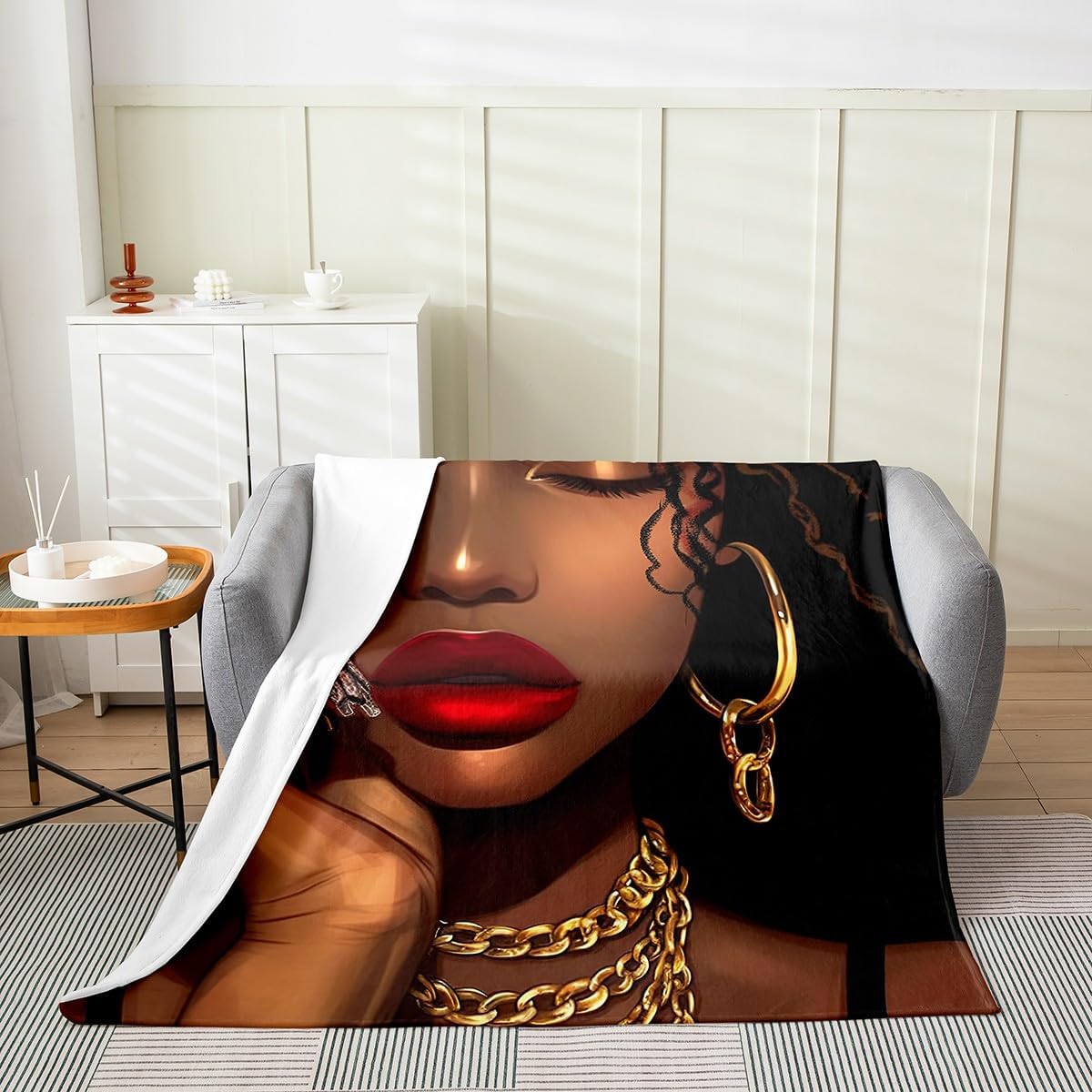 Black Skin Woman Fleece Blanket,African Style American Cool Girl Bed Blanket for Kids Teens,Golden Necklace Glitter Luxury Black Flannel Blanket for Room Decor,Queen 90"x90"