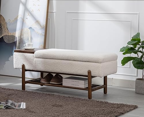 Shunzhi Banco de entrada moderno tapizado con tapa abatible, banco otomano de sherpa, banco otomano con marco de maderaestante para sala de estar,