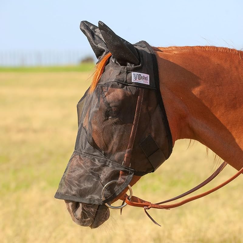 Máscara contra moscas para cavalos Cashel Quiet Ride com nariz longo e orelhas, preta