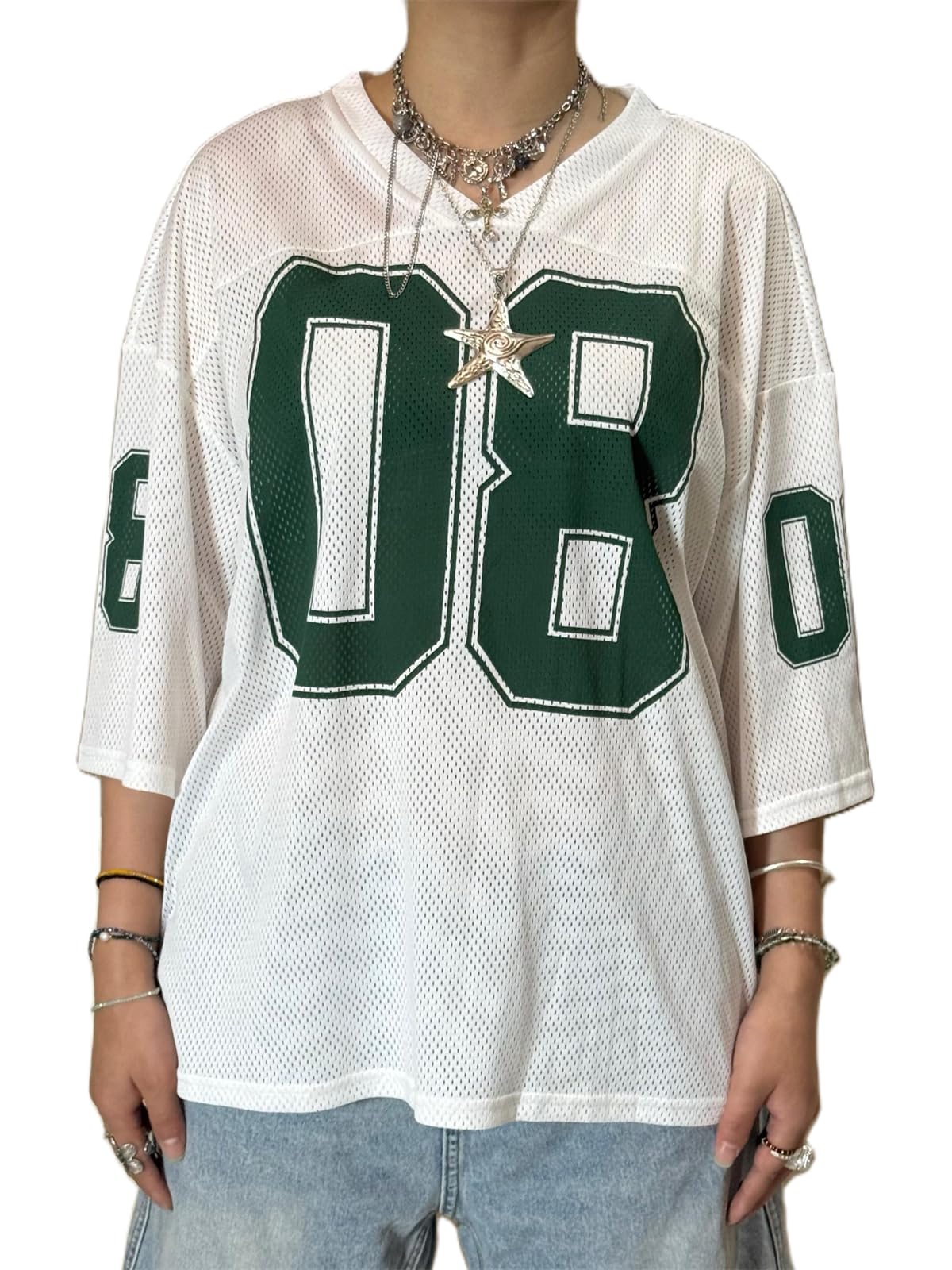 Oversized Jersey Shirts for Women Y2k Number Graphic Print V Neck Short Sleeve Aesthetic Summer T-Shirt Streetwear
