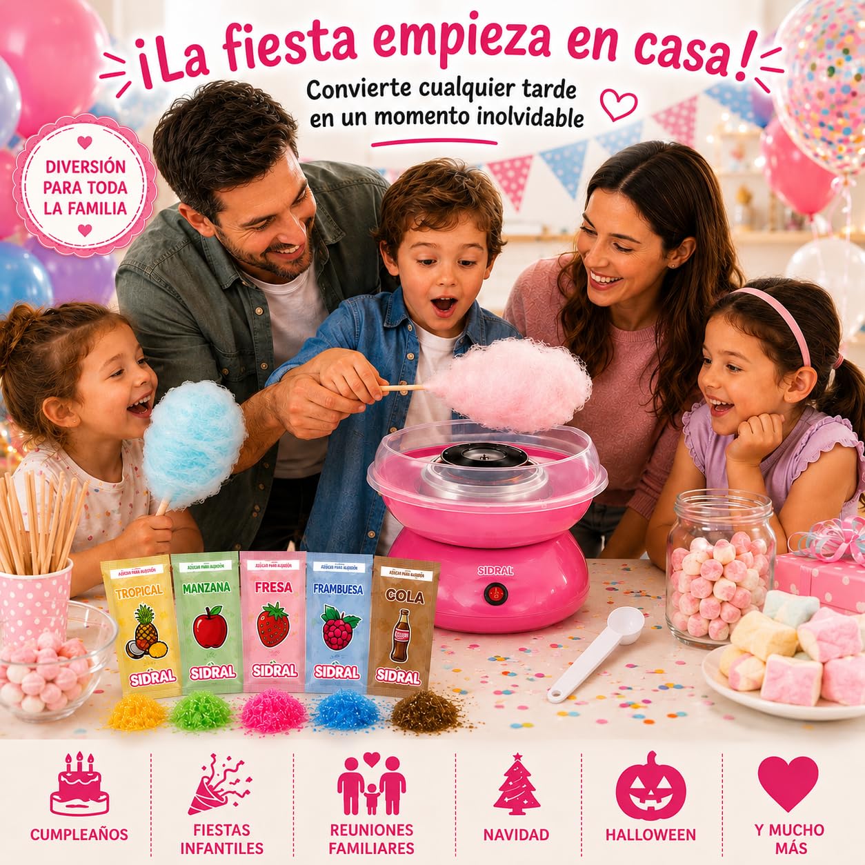 SIDRAL Macchina per zucchero in cotone a casa – con 10 bastoncini di bambù riciclabili più misurino, macchina zucchero cotone, facile da usare per adulti
