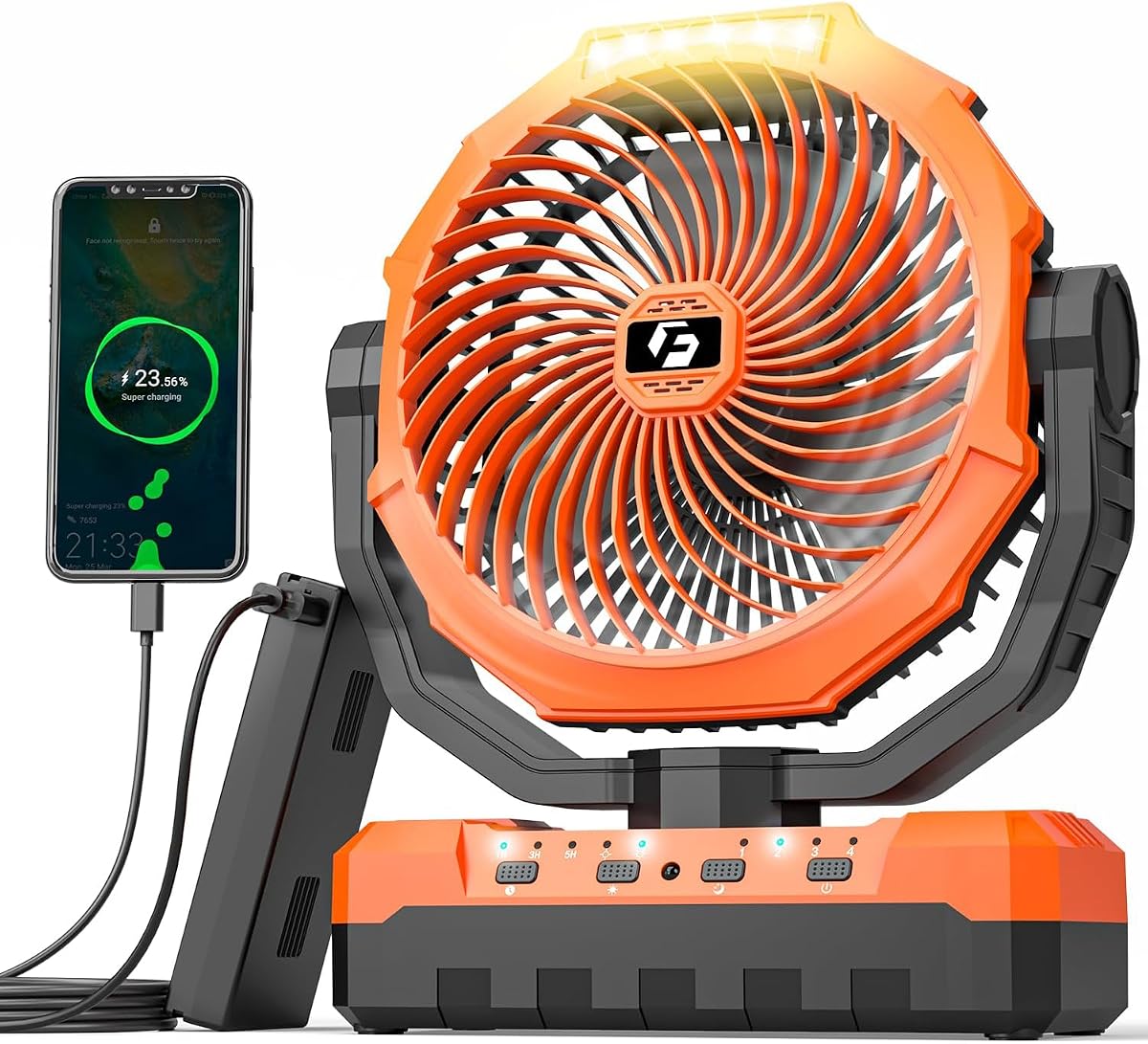 3-in-1 Camping Fan - Detachable Rechargeable Battery Operated Fan with Light & Hook for Tent, Outdoor - USB Table Fans with 4 Speeds for Picnic, BBQ, Fishing, Travel, Hurricane | 98H Runtime, 4 Speeds, Timer Function, Light & Hook, Battery Powered Fan for Outdoor, Tent, Fishing, Travel, Hurricane