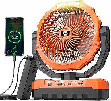 3-in-1 Camping Fan - Detachable Rechargeable Battery Operated Fan with Light & Hook for Tent, Outdoor - USB Table Fans with 4 Speeds for Picnic, BBQ, Fishing, Travel, Hurricane