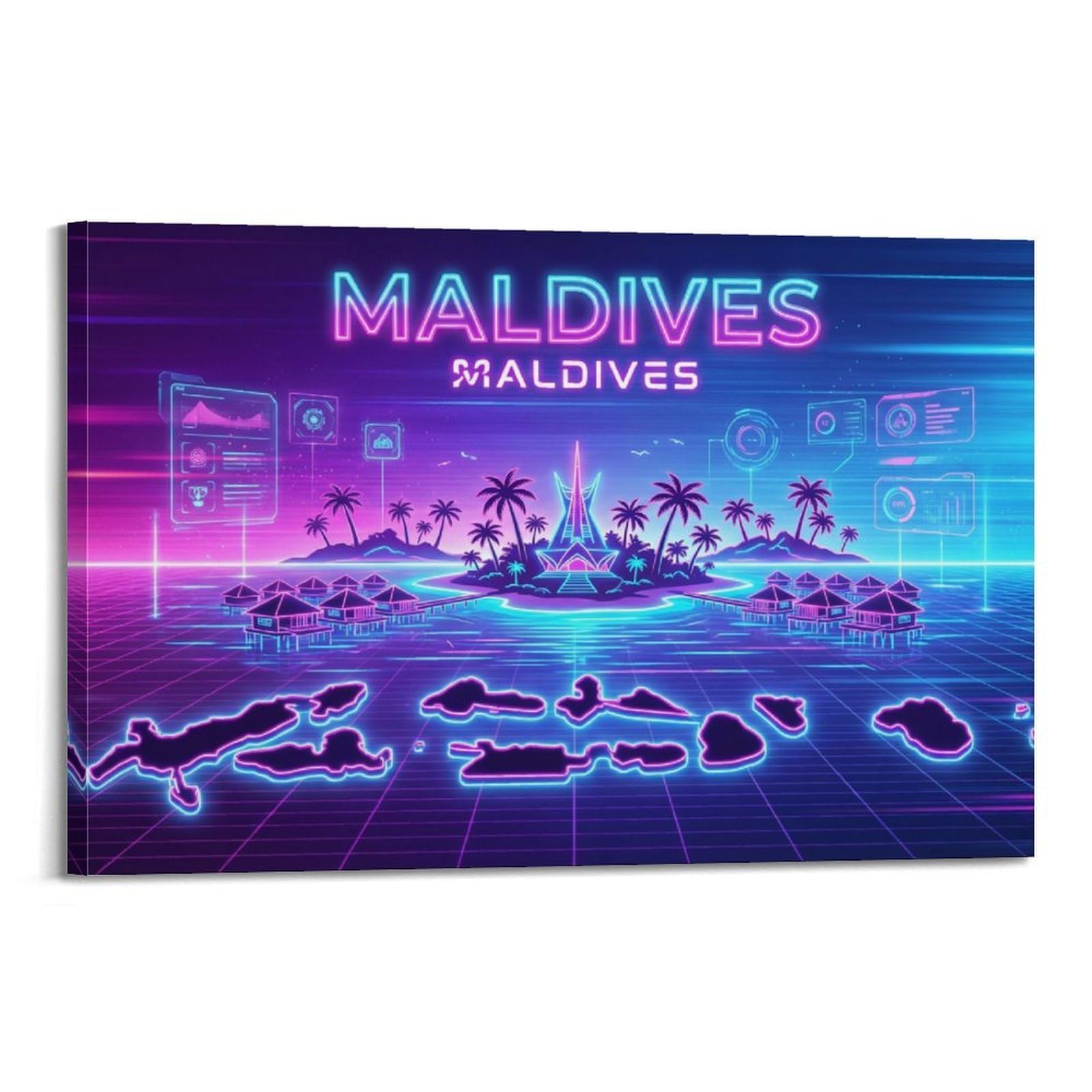 XKUGA Neon Maldives Retro Synthwave Island Poster Modern Decorative Canvas Prints - Ideal Wall Art for Family, Man Cave, Game Room, Boys & Girls Bedroom 24x36inch(60x90cm)