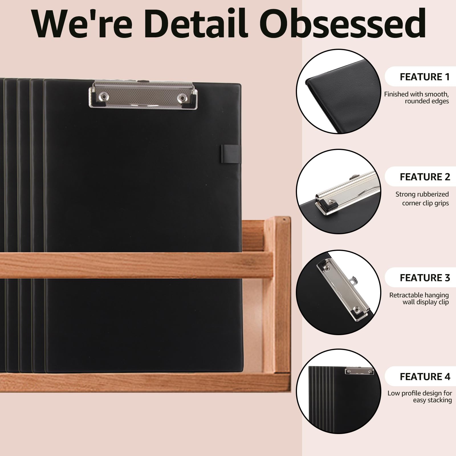 ASelected 4PCS Standard Clipboard,A4 Plastic Clip Board Folder,Clipboard with Pen Loop and Retractable Hanging,Clipboards with Low Profile Metal Clip for Office School Supplies,Black - Image 4