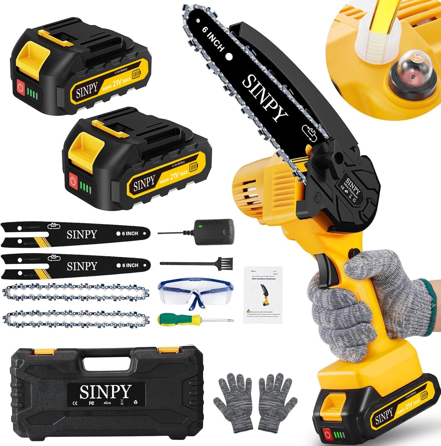 Mini Motosierra Bateria 2x2000 mAh Motosierra Bateria de 6 Pulgadas con Bloqueo de Seguridad, Cadena de Acero al Manganeso de Mano y Engrasador Automático (Amarillo)