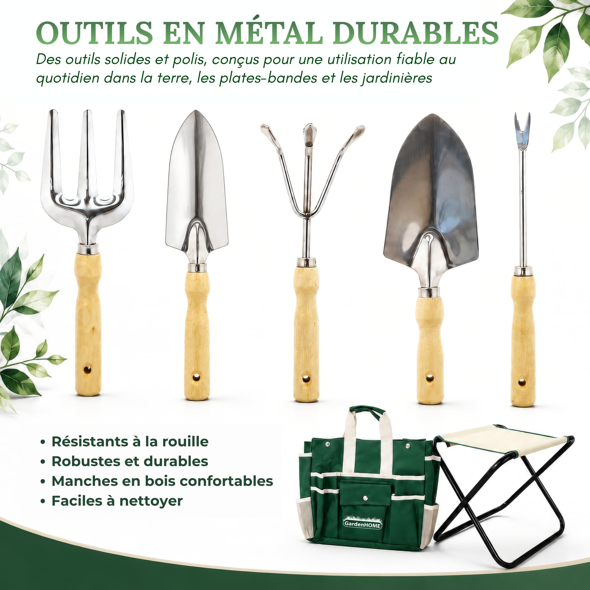 GardenHOME Kit Complet d'Outils de Jardinage - 7 Pièces, Acier Inoxydable Robuste, Tabouret Pliant Solide, Sac à Outils Détachable