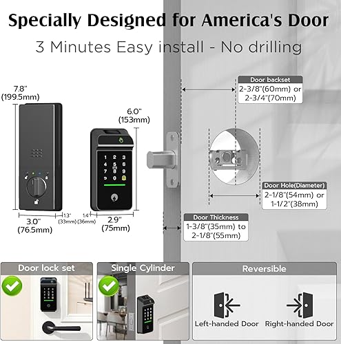 Miniatura 7 de Cerradura inteligente de Palm Vein, cerradura inteligente WiFi con timbre, cerradura de puerta de entrada sin llave con huella digital, cerrojo
