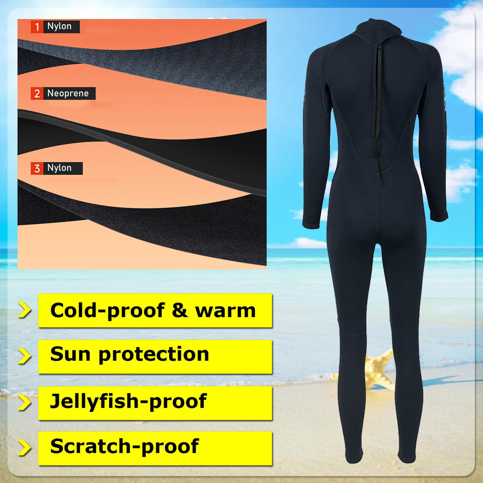 Traje De Neopreno De 3 Mm para Mujer con Cremallera En La Parte Posterior, Traje De Buceo De Una Pieza, Cálido Y Anti Medusas para Surf, Esnórquel Y Natación.