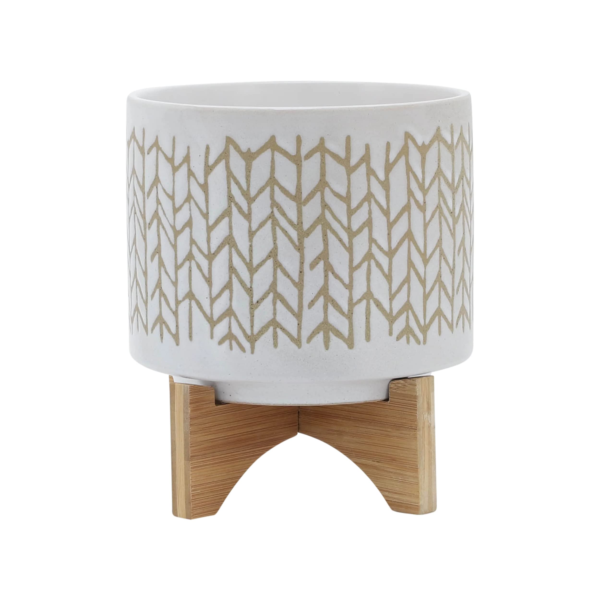 Sagebrook Home 8" Chevron Planter W/Wood Stand, Beige, 8” x 8” x 9”
